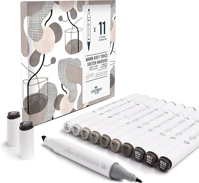 Stationery Island Warm Grey Sketch Markers - Set of 11 - Carry Case - Alcohol Based Blendable Dual Tip Colouring Pens - for Drawing, Graphic Design, Illustration, Comic, Anime and Manga Art