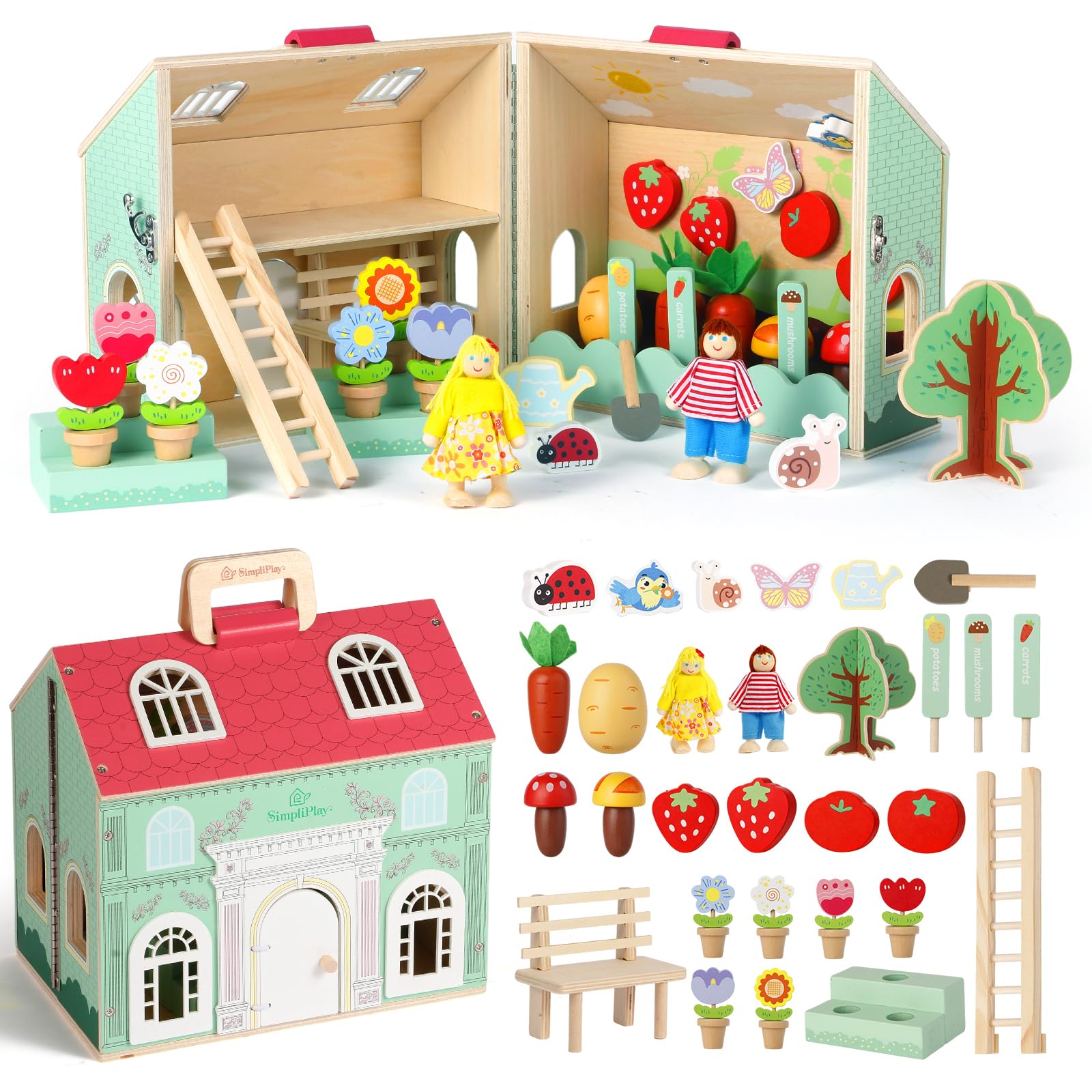 SIMPLIPLAY Montessori Wooden Flower Garden Toys, Wooden Dollhouse Kit with Vegetable Matching Toy, Educational Farm Pretend Play & Play Food Sorting for Toddler Kids Boys Girls Birthday
