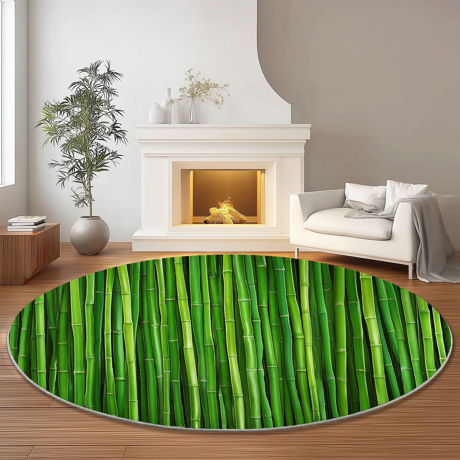 Tappeto Rotondo 120 cm, Morbido, Lavabile, Verde, con Stampa di Piante e bambù, Antiscivolo, Leggero, Ideale per Soggiorno, Sala da Pranzo, Cucina, Camera da Letto e Ingresso.