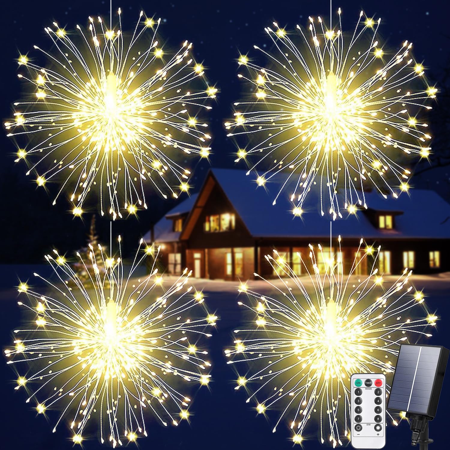 Aofonchy 4 Piezas Luz Solar de Fuegos Artificiales, 600LED Impermeable Luces de Hadas Navideñas, Luces Solares Exterior, 8 Modos Luces de Fuegos Artificiales Colgantes para Navidad Jardín Patios