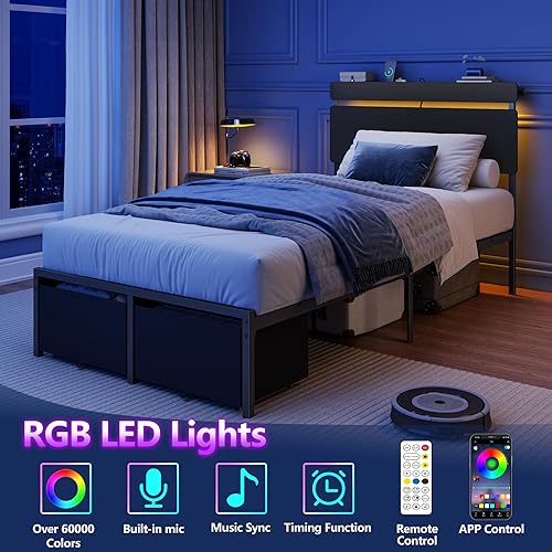 Miniatura 3 de Forestell - Marcos de cama individual con cabecera de madera, cama plataforma negra con 2 cajones de almacenamiento y estante, estación de carga