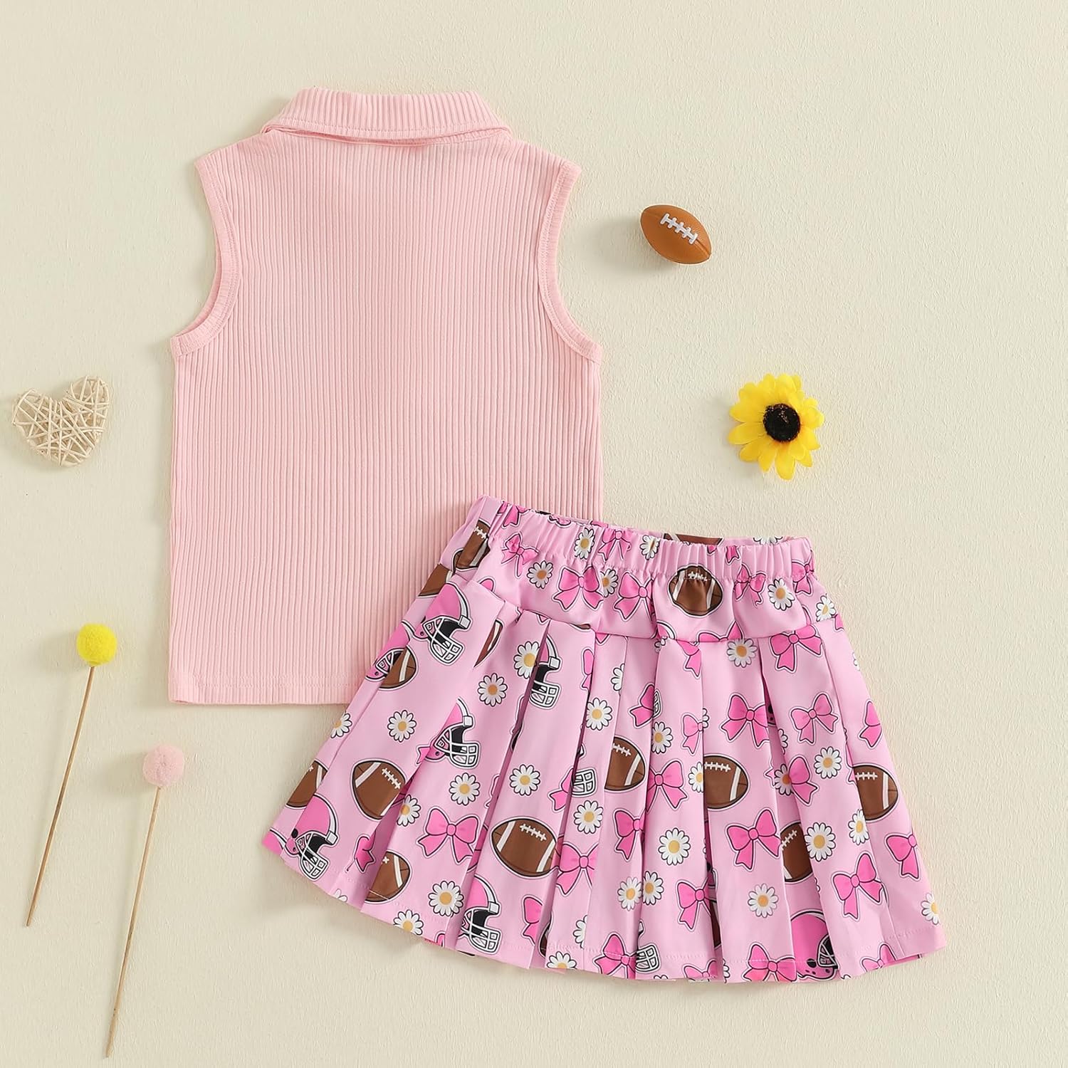 GOOCHEER Toddler Girl Outfit Football Embroidery Sleeveless T-Shirt Tank Top and A-Line Pleated Skirt Game Day Clothes Set - Image 7