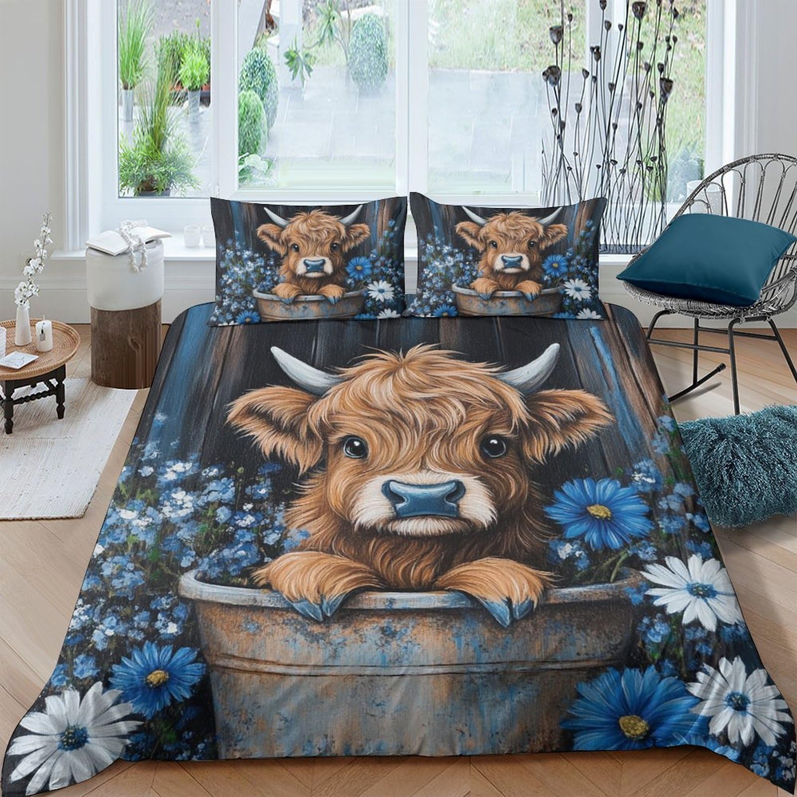 Ctjqhvkz Style-7 3D Printed Highland Cow Fitted Sheet Microfiber Blue Daisy Mattress Cover For Bedroom Guest Room Decor Protection Single（135X200cm）