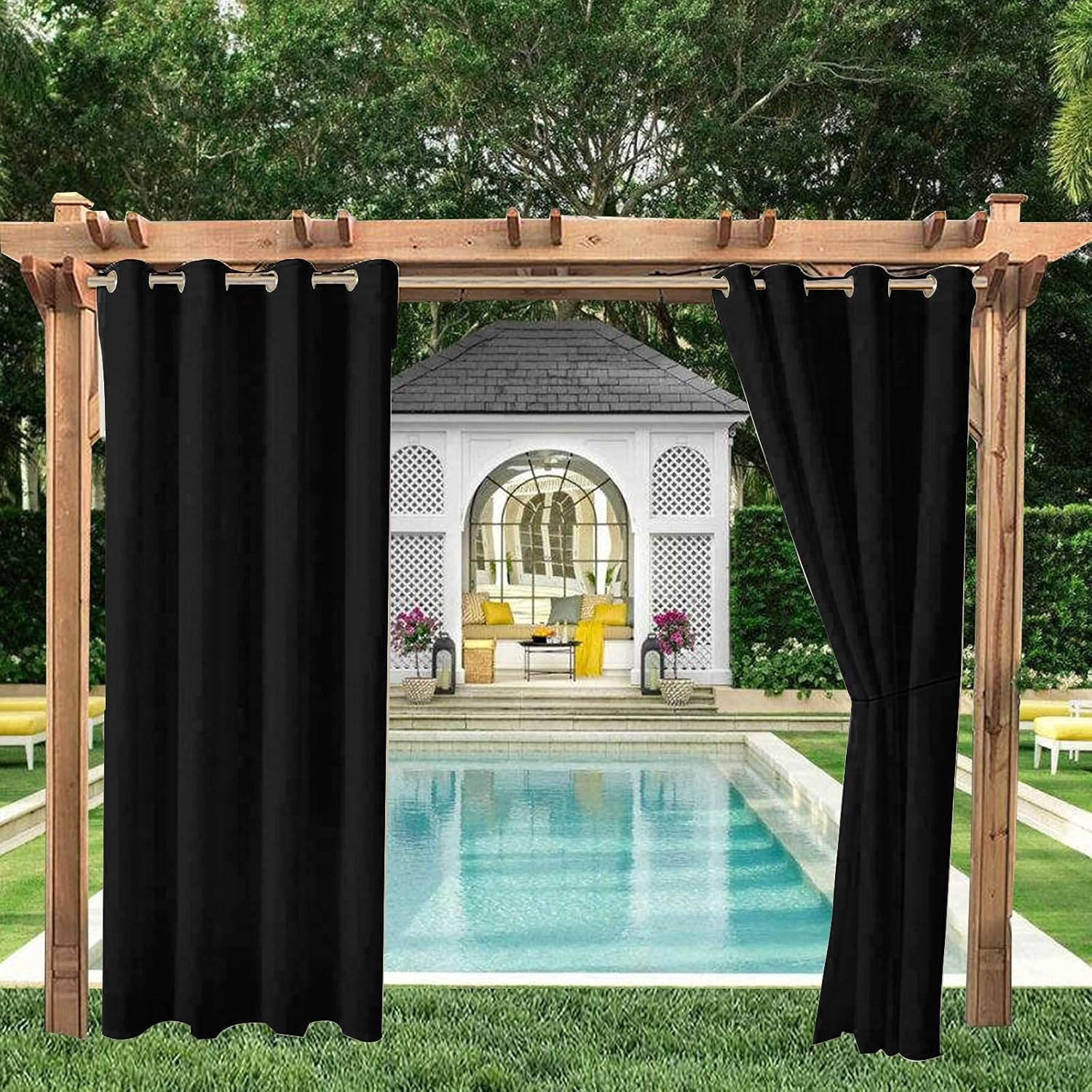 cjc Blackout Curtains for Patio Waterproof,Thick Weatherproof Windproof Outdoor Curtains Privacy Curtains for Porch,Living Room,Cabana,Durable Top Grommet Curtains(1 Panel,Black,52 x 84 inch)