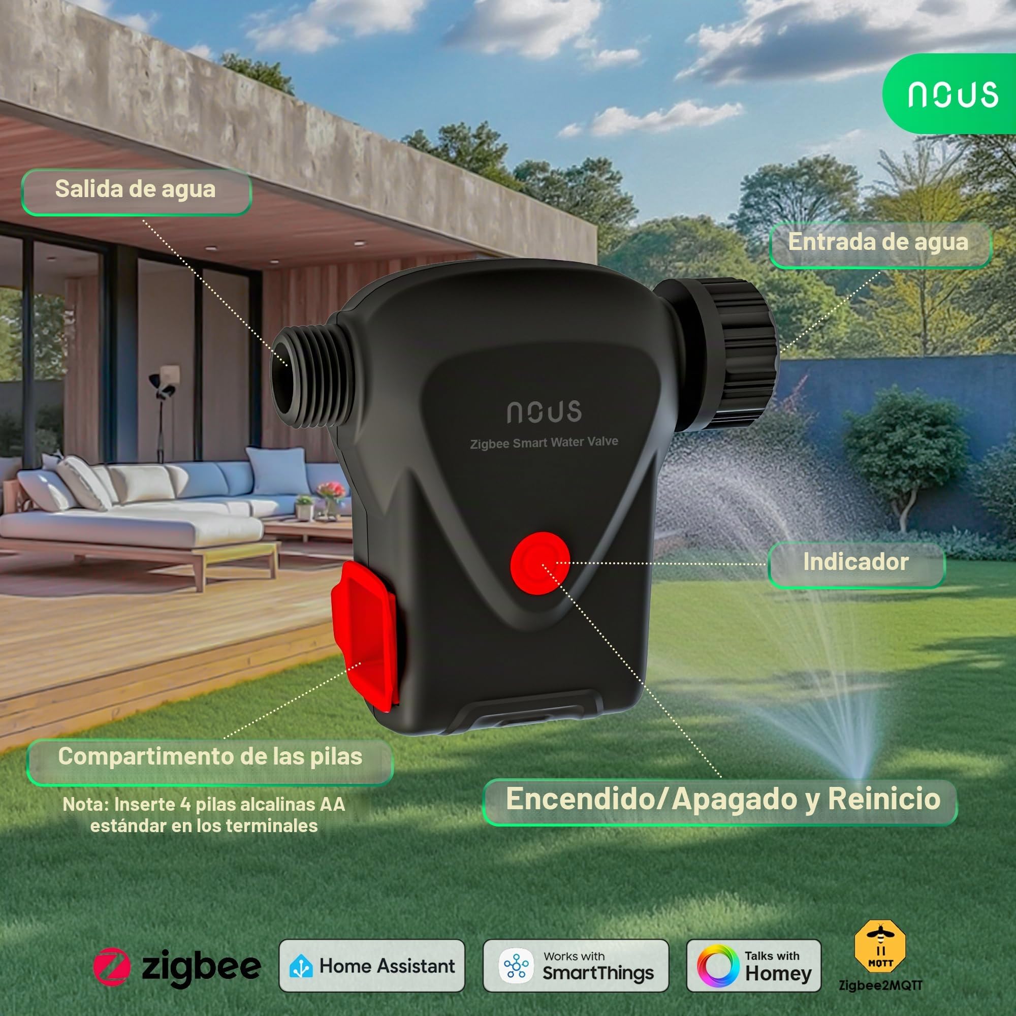 NOUS ZigBee - Válvula de Grifo Inteligente, Control de riego IP66, Compatible con Alexa, Google Assistant, Smart Life, Temporizador y Control Remoto de Aplicaciones, Funciona con Pilas, 3/4 Pulgadas