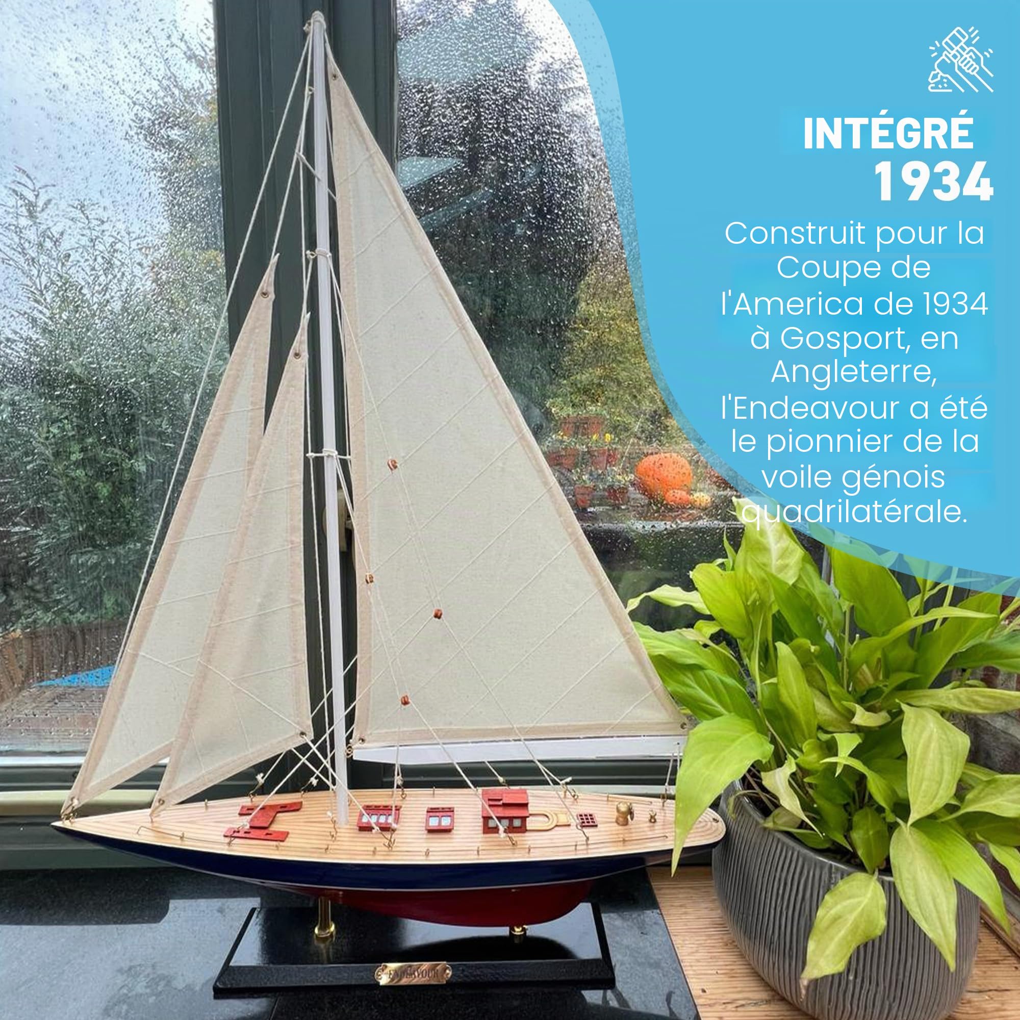 Modèle en bois détaillé de yacht à voile Endeavour Classe J de 50 cm de long | Yacht de course Americas Cup | Ornement nautique | Modèle de voilier | Modèle de yacht à voile Endeavour | Kit de bateau