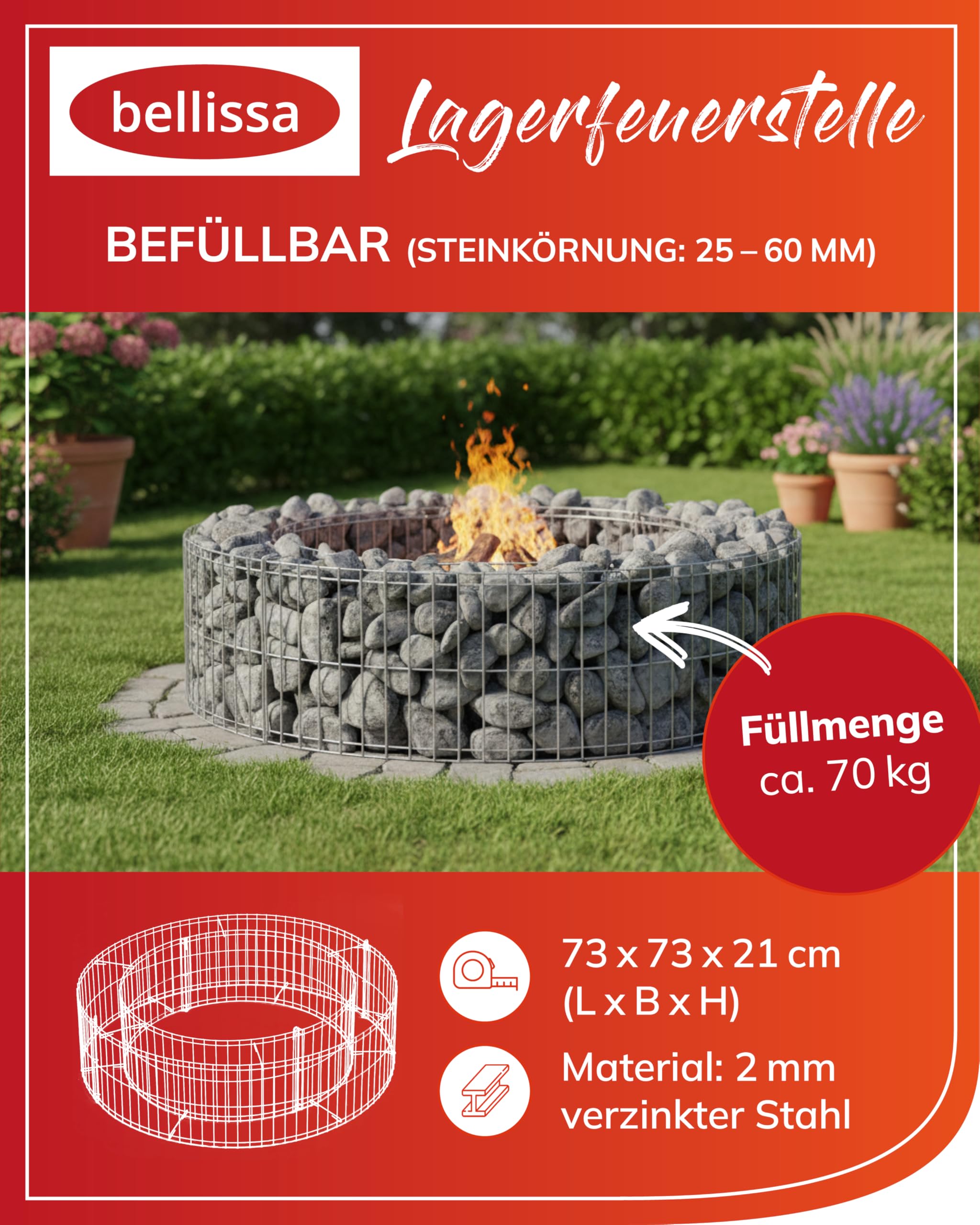 bellissa - Gabione-Feuerstelle (Ø 73 cm, H 21 cm) für Garten & Terrasse – Feuerstelle Outdoor aus Gabionengitter – geeignet für Feuerschale, Feuertonne oder Feuerkorb