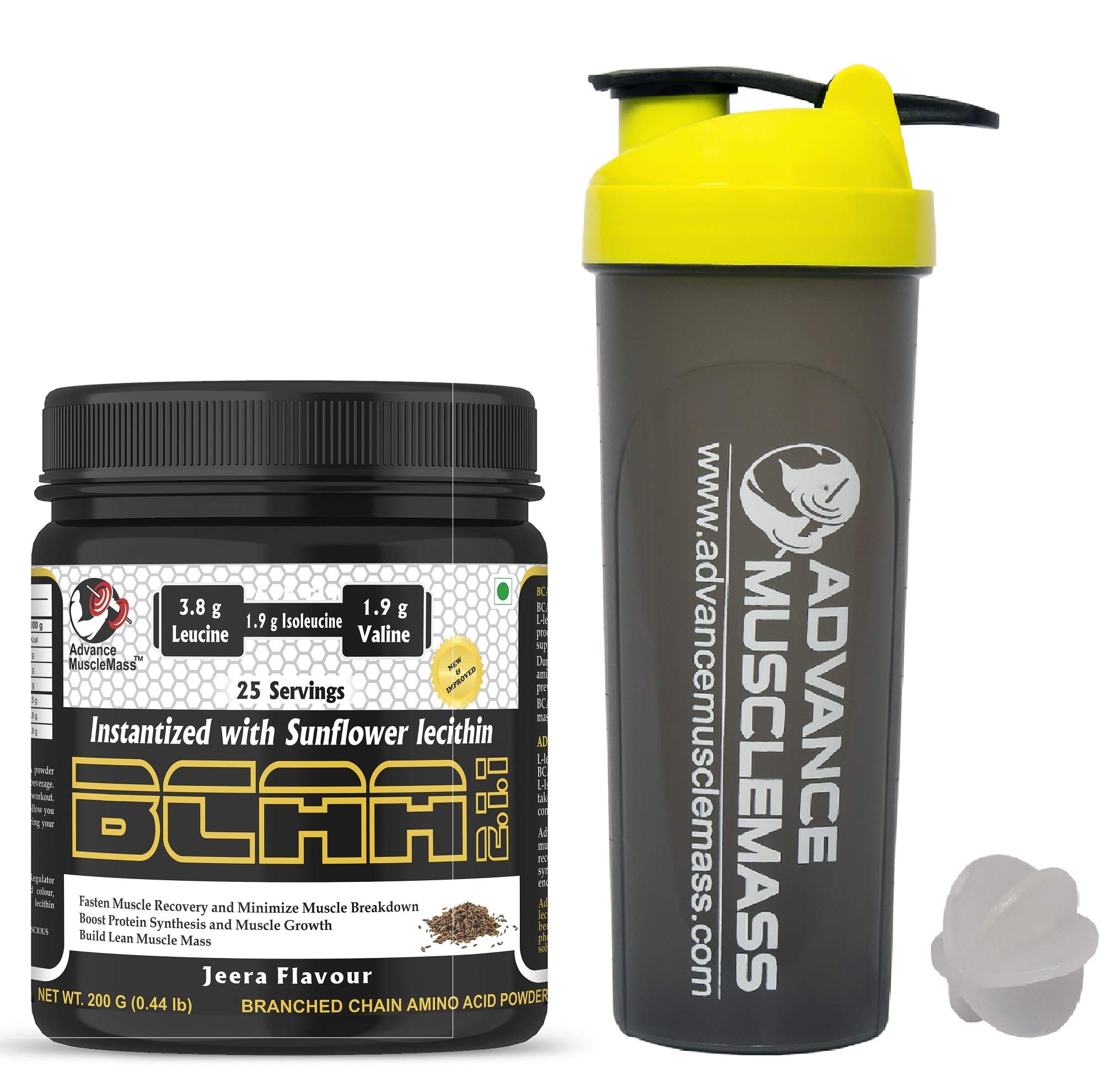Advance MuscleMass BCAA 2 : 1 : 1 | Energy drink for Workout | 7.6 G BCAA | 3.8 G Leucine | 1.9 G ISO-Leucine | 1.9 G Valine| Lab Tested |with Shaker| Jeera Flavour | 200 GM/0.44 lb