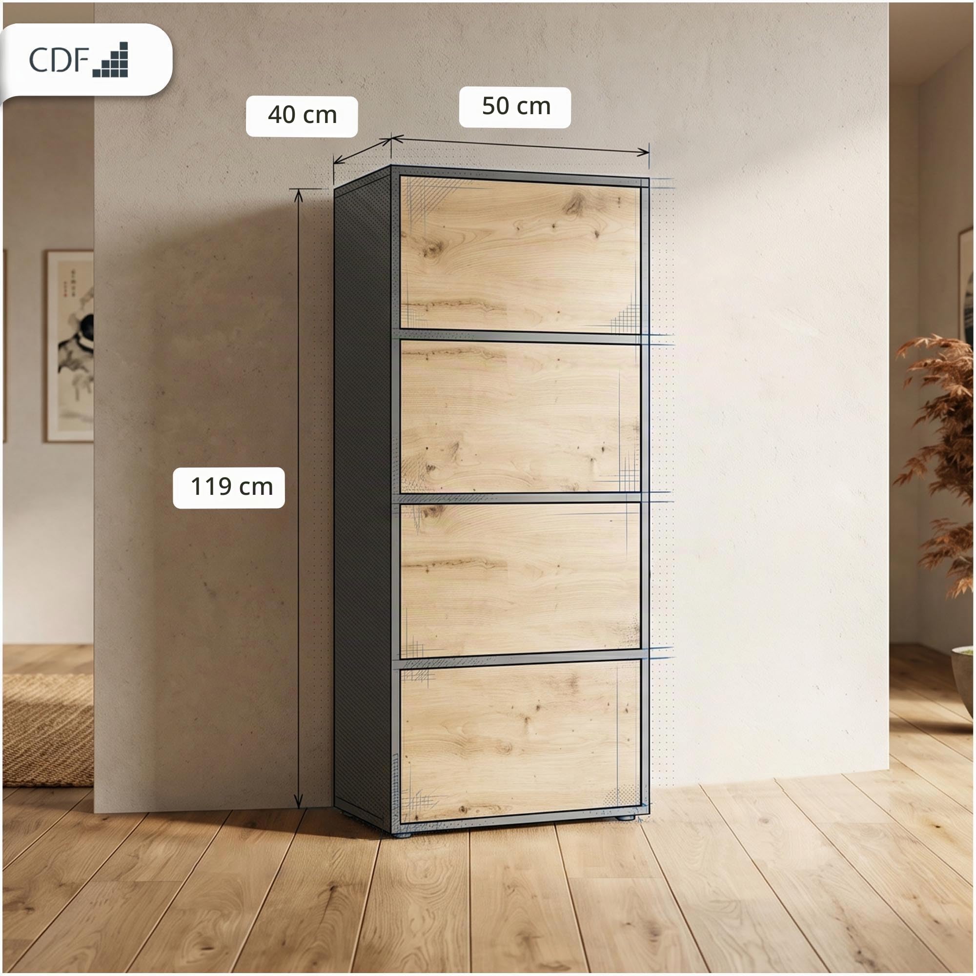 CDF Aparador Alto Armario 4 Puertas 50 cm estantes salón Dormitorio Pasillo Entrada Oficina Columna cajonera estantería Multiusos Ahorra Espacio Mueble cómoda Highboard Entrada sin Tiradores Roble