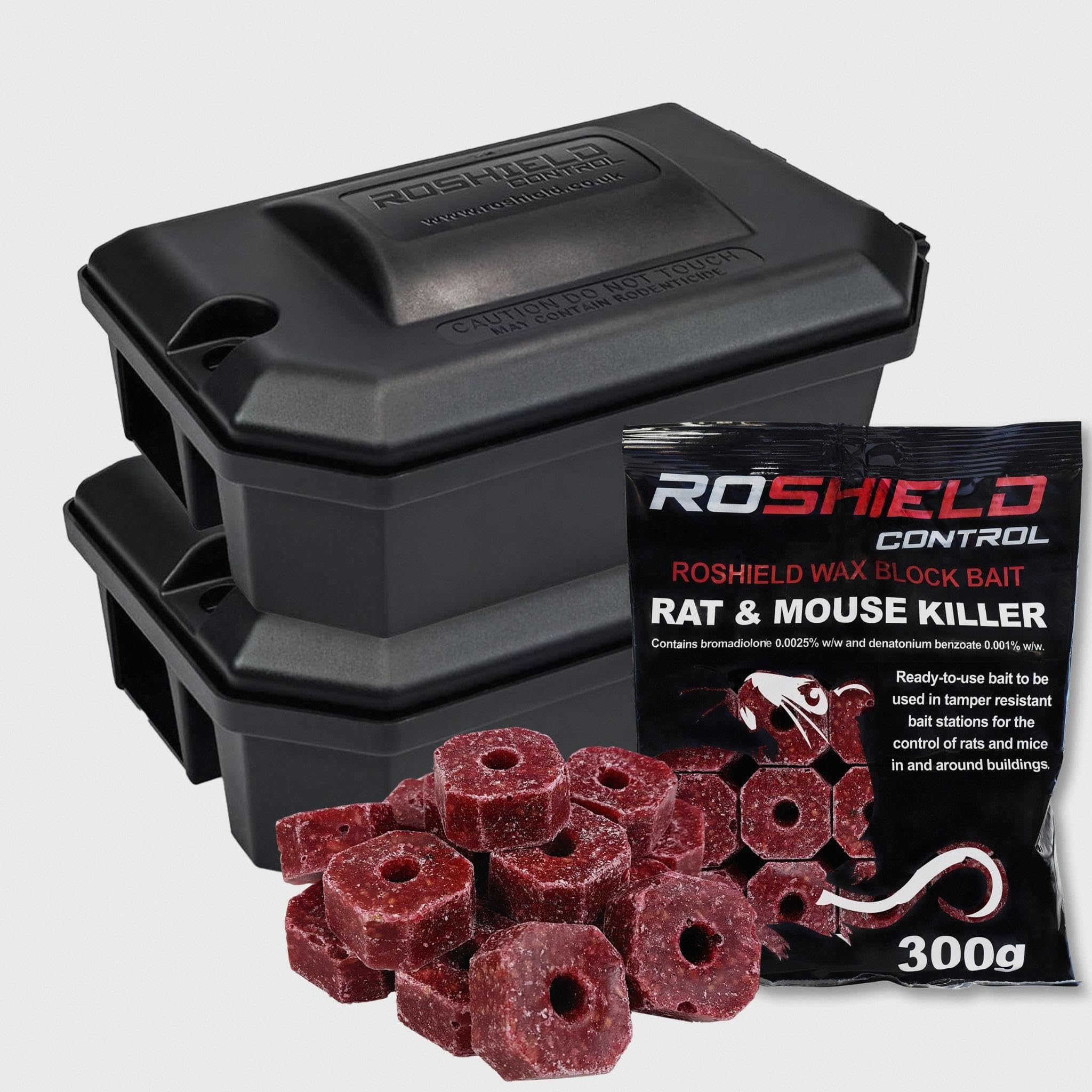 Roshield External Tamper Proof Rodent Bait Box & Wax Block Rat Poison Kit - Garden & Home Treatment Killer Safety Kit (2 Boxes & 300g Blocks)