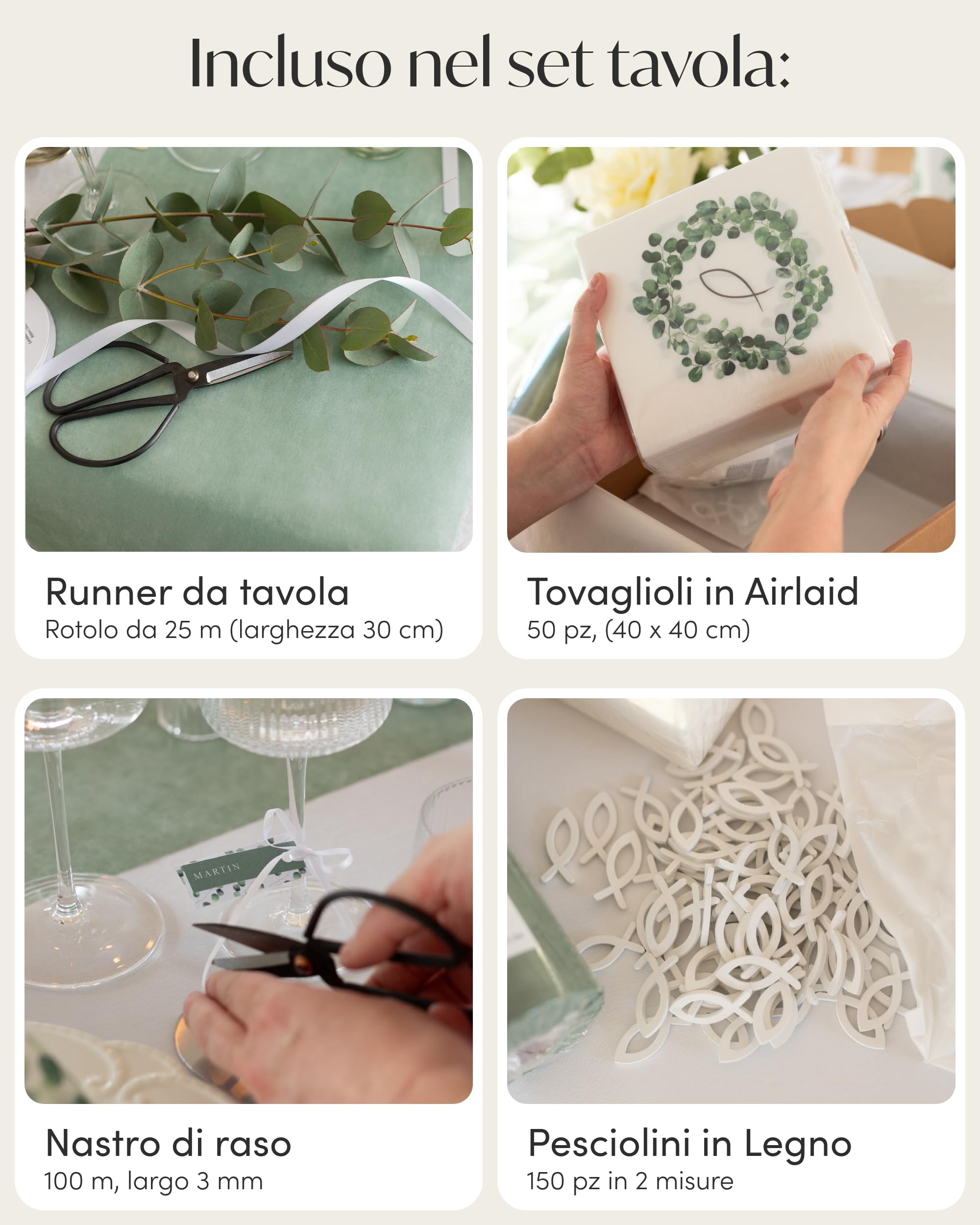 100% Mosel Kit decorazione per la tavola – Corona Eucalipto & Pesce | 25–50 ospiti – Kit completo per Comunione & Cresima con Runner in TNT, Tovaglioli airlaid, coriandoli & nastro