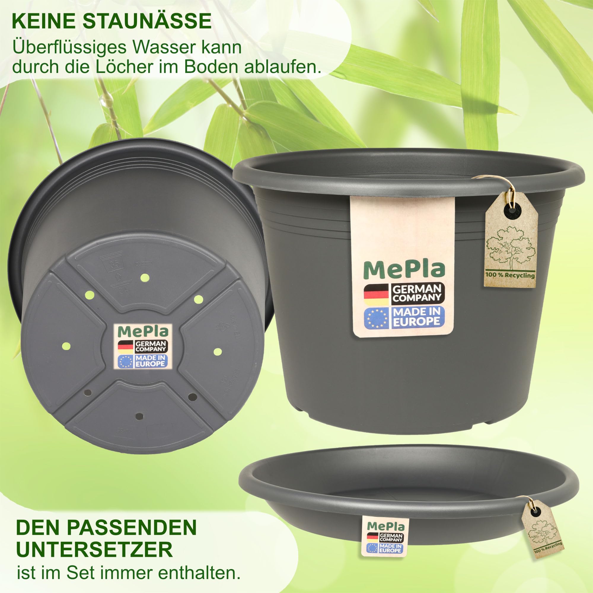 Mepra Lot de 2 Pots de Fleurs Cylindro + Soucoupe Assortie Set Kübel ø60 + US ø58 cm Anthracite