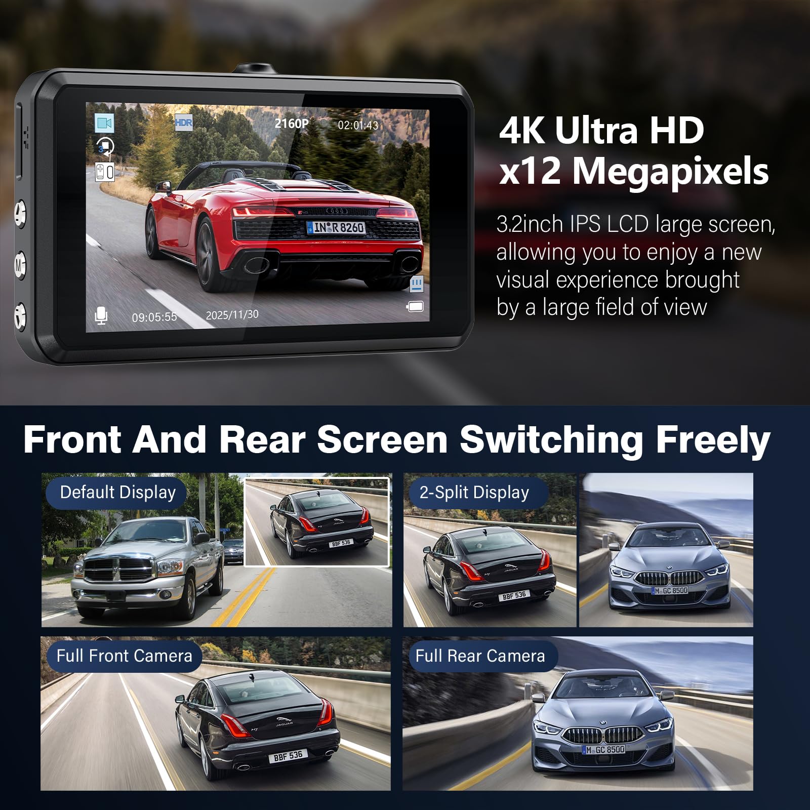 Miden 4K+1K Dashcam Voiture Avant Arrière, Carte SD 64G, Camera Embarquée Voiture 2160P+1080P UHD,IPS 3.2" Camera Voiture Grand Angle de 336 °,G-Capteur,WDR,24H Mode Parking,Enregistrement en Boucle