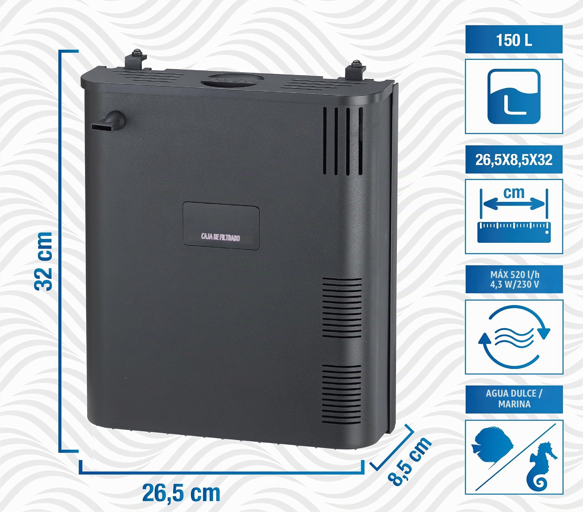 Amtra Filtering Box Black 150 Filtro Interno Biológico Para Acuarios Con Bomba De 520 L/H Y Material Filtrante Profesional