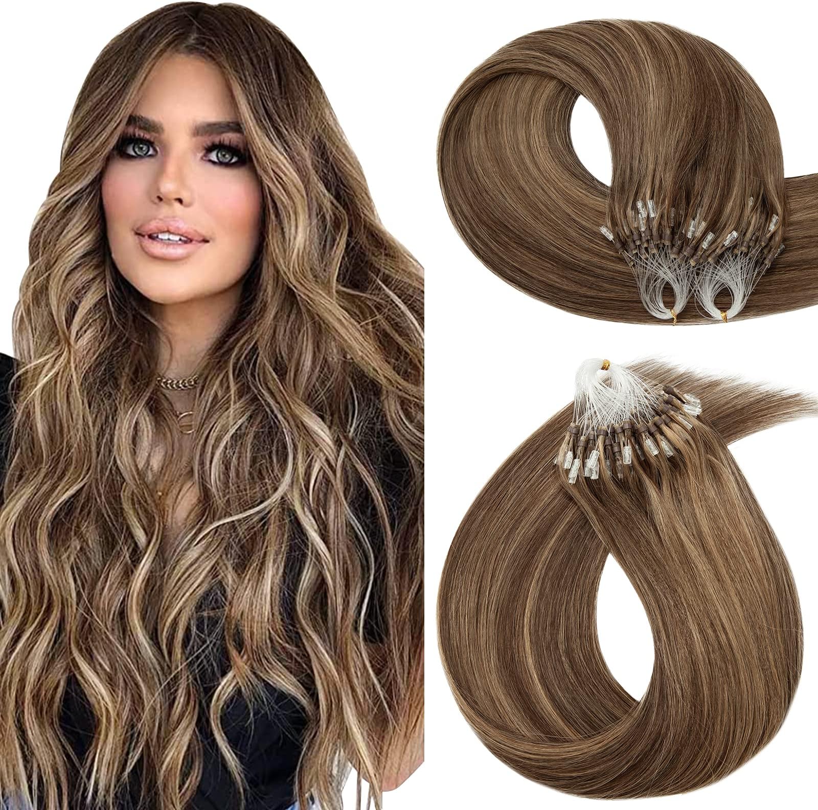 Hairro Micro Loop Ring Human Hair Extensions Micro Link Micro Beads Remy Hair Balayage Highlights Keratin I Tip Pre Bonded Weft Virgin Hair 20 inch 50g 100 Strands #4P27 Medium Brown mix Dark Blonde
