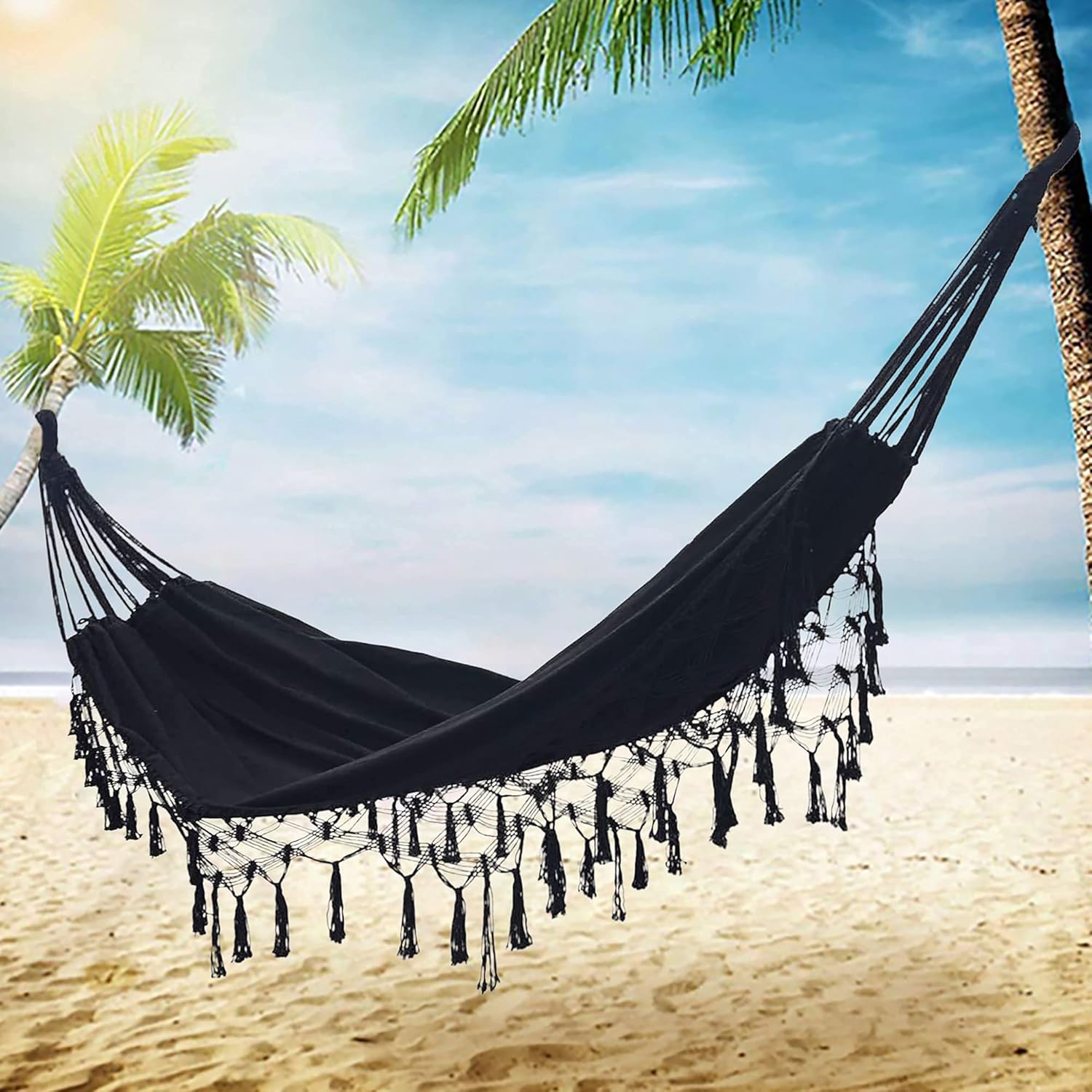 Xuanmuque Double Sized Boho Macrame Black Hammock with Elegant Tassels and Fishtail Knitting 485Lbs Includes Tie Ropes and Black Drawstring Bag for Women : Clothing, Shoes & Jewelry