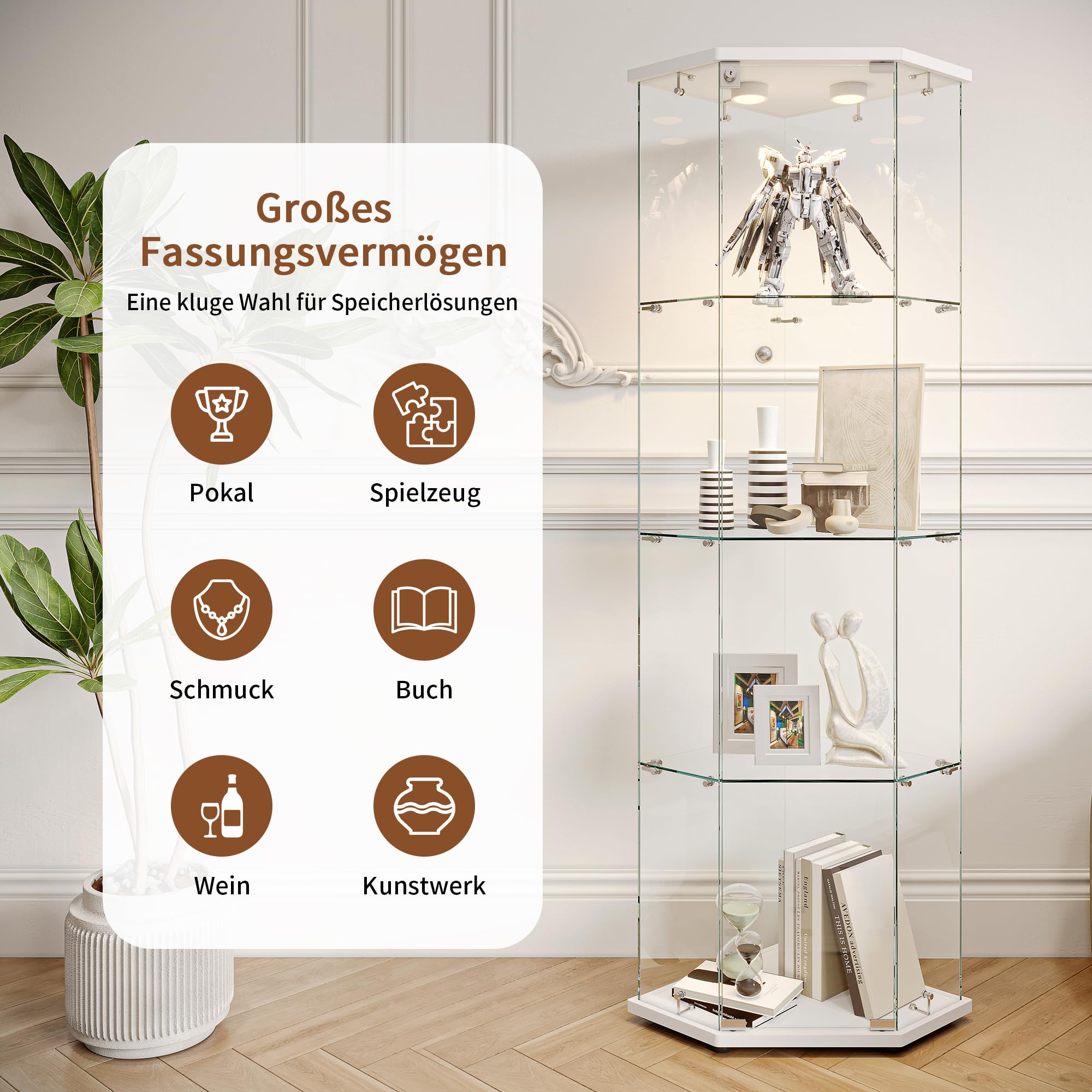 Vitrina de Esquina con Cristal, Vitrina de Cristal con LED, 1 Puertas, Vitrinas Blancas Cristal4 Capas Estanteria deCristal con Cerradura Columna Expositora VidrioVitrina Expositora Para Salon