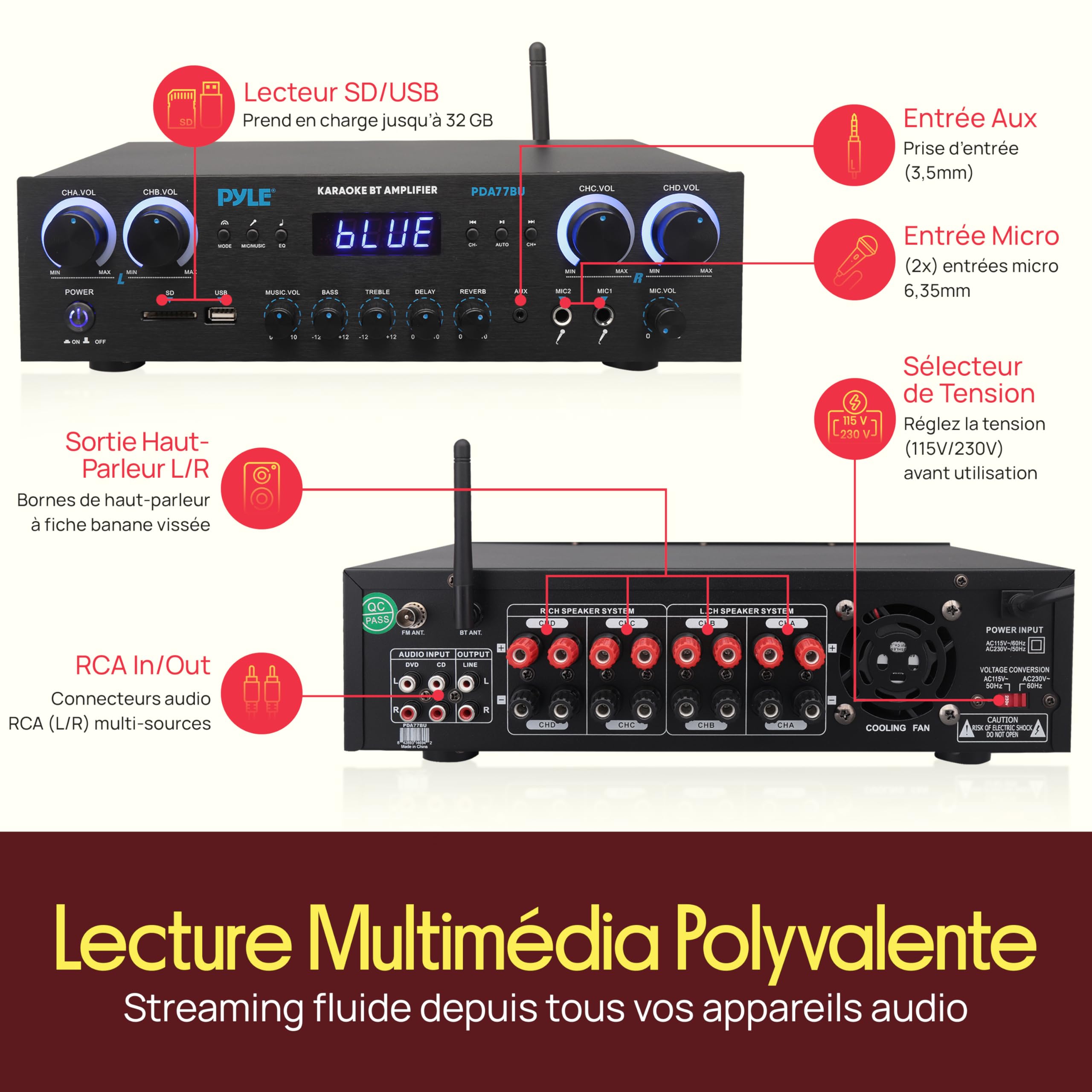Pyle Amplificateur Bluetooth 4 Canaux 800W – Récepteur Audio HiFi pour Home Cinéma, Studio Musique, DJ & Enceintes Maison | USB, MP3, AUX, FM, Micro avec Réverbération, Écho, Contrôle Volume LED