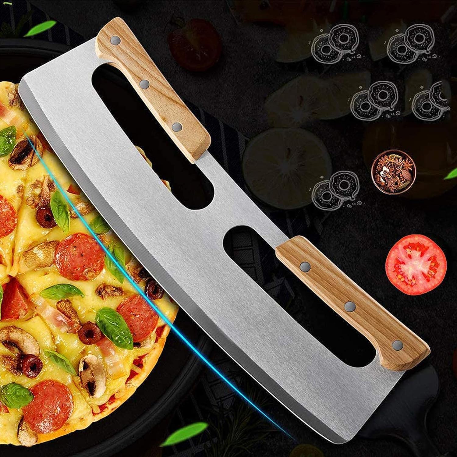 Cortador Pizza, Cuchillo Para Pizza de Acero Inox Corta pizza de Medialuna con Mango de Madera Pizza Ruedas Cortadora para Pizza Pastel y Pan