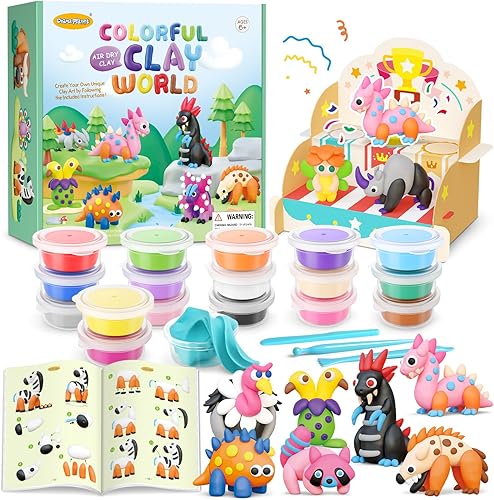 Drama Planet Kit de arcilla seca al aire para niños, 18 latas de arcilla para modelar, guía de 46 páginas con tutoriales de 26 personajes, gran