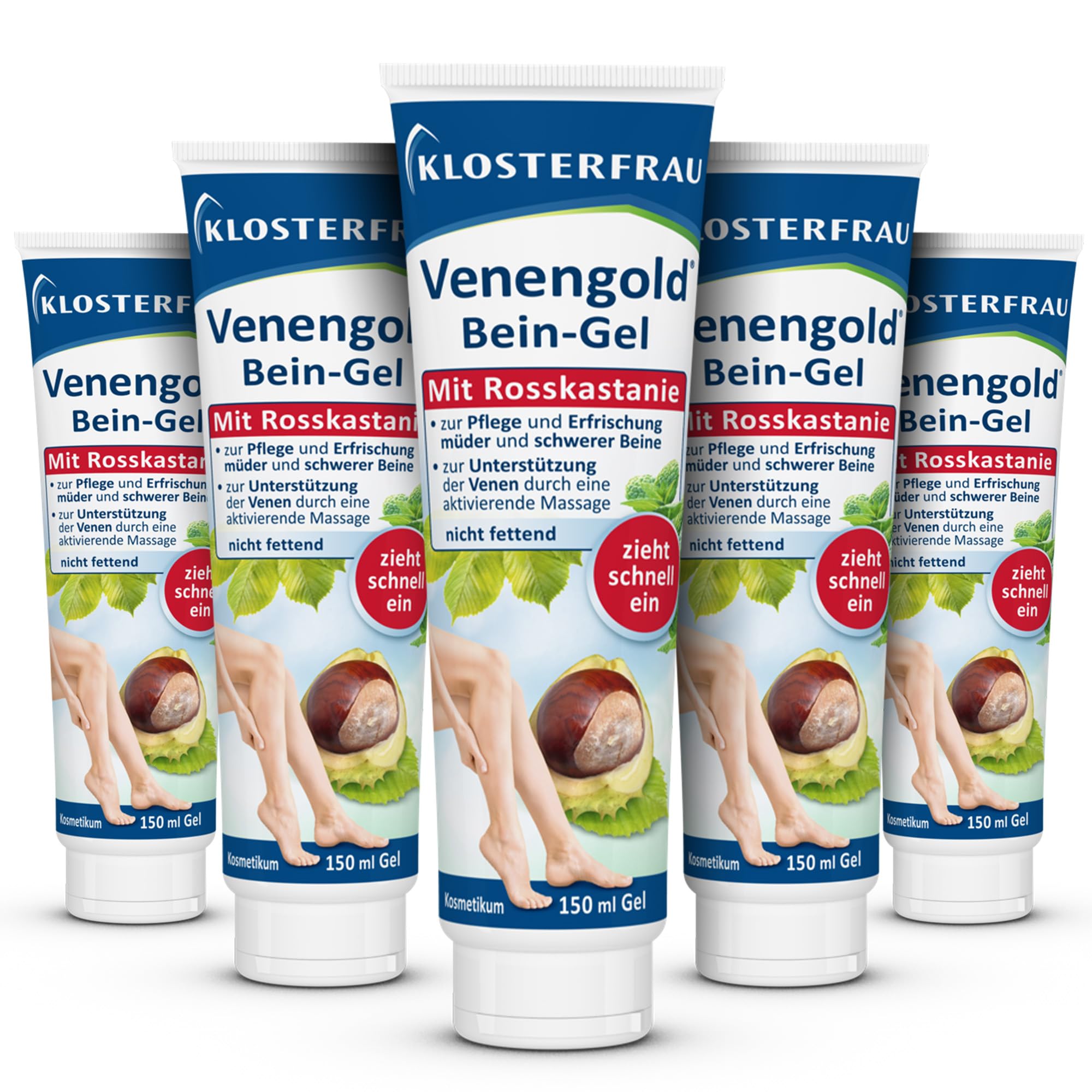 Klosterfrau Venengold Bein-Gel | 5x 150ml | zur Pflege und Erfrischung müder & schwerer Beine | schnell einziehend | mit Rosskastanie