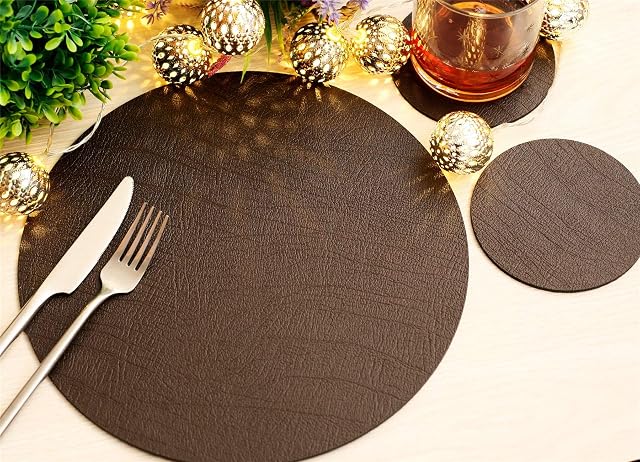 The Dapper House Set of 6 Classic Brown Leatherboard Round Placemats and 6 Coasters - UK Made