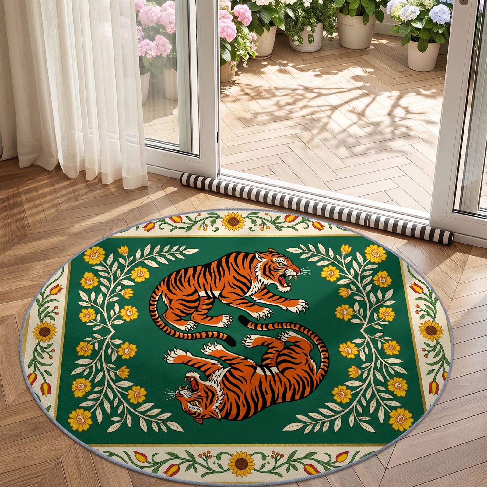 Ethnique Traditionnel Grand Tapis Rond à Motif Tigre Fleurs Feuilles Plantes pour Salon Chambre à Coucher Salle de Bain Couloir décoration, Lavable en Machine Pile Courte et Douce, Vert, 120 cm