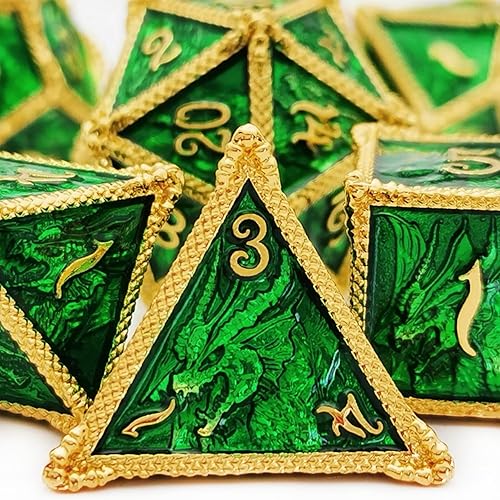 HAOMEJA DND - Juego de 7 dados de metal de dragón dados sólidos DD Calabozos y dragones dorado verde