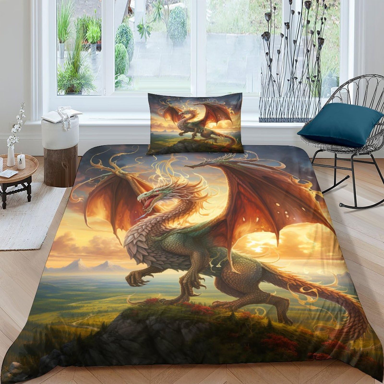 3D Bedding Fire_dragon Duvet Cover Soft Microfiber Bedding Sets Children Boys Girls Teens 3 Pieces Set with Zipper Quilt Cover Anti-Allergic Single（135x200cm）