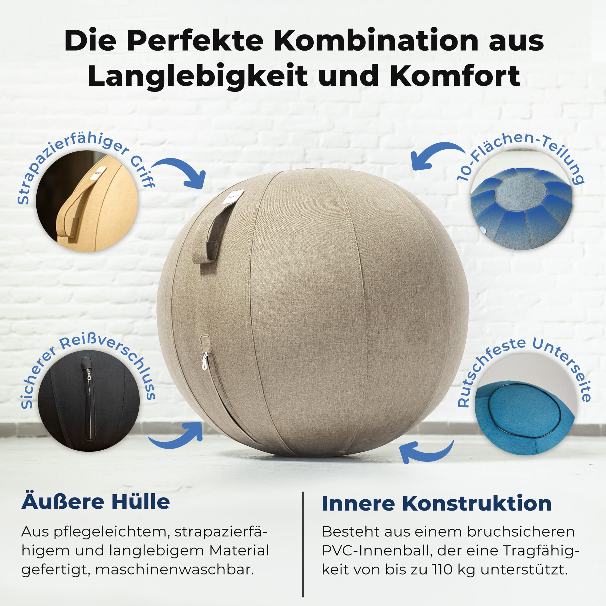 Backerz Sitzball - Ergonomische Sitzmöbel für Büro und Heimbüro - Langlebiger Stoff, Gymnastikball - Fitness-Ball, Ballstuhl mit Ballauflage - Waschbarer Leinenbezug