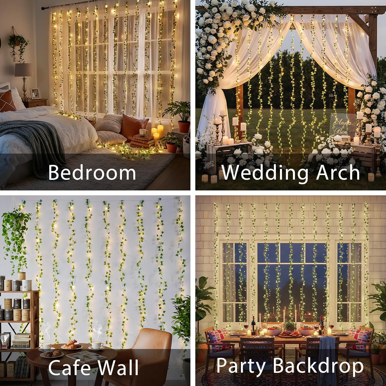 suddus 300 LED Vines with Lights Plug in, 9.8ft x 9.8ft Fairy Lights with Vines, Ivy Curtain Lights for Wall, Bedroom, Dorm, Wedding, Party, Indoor, Outdoor Decor(Warm White)