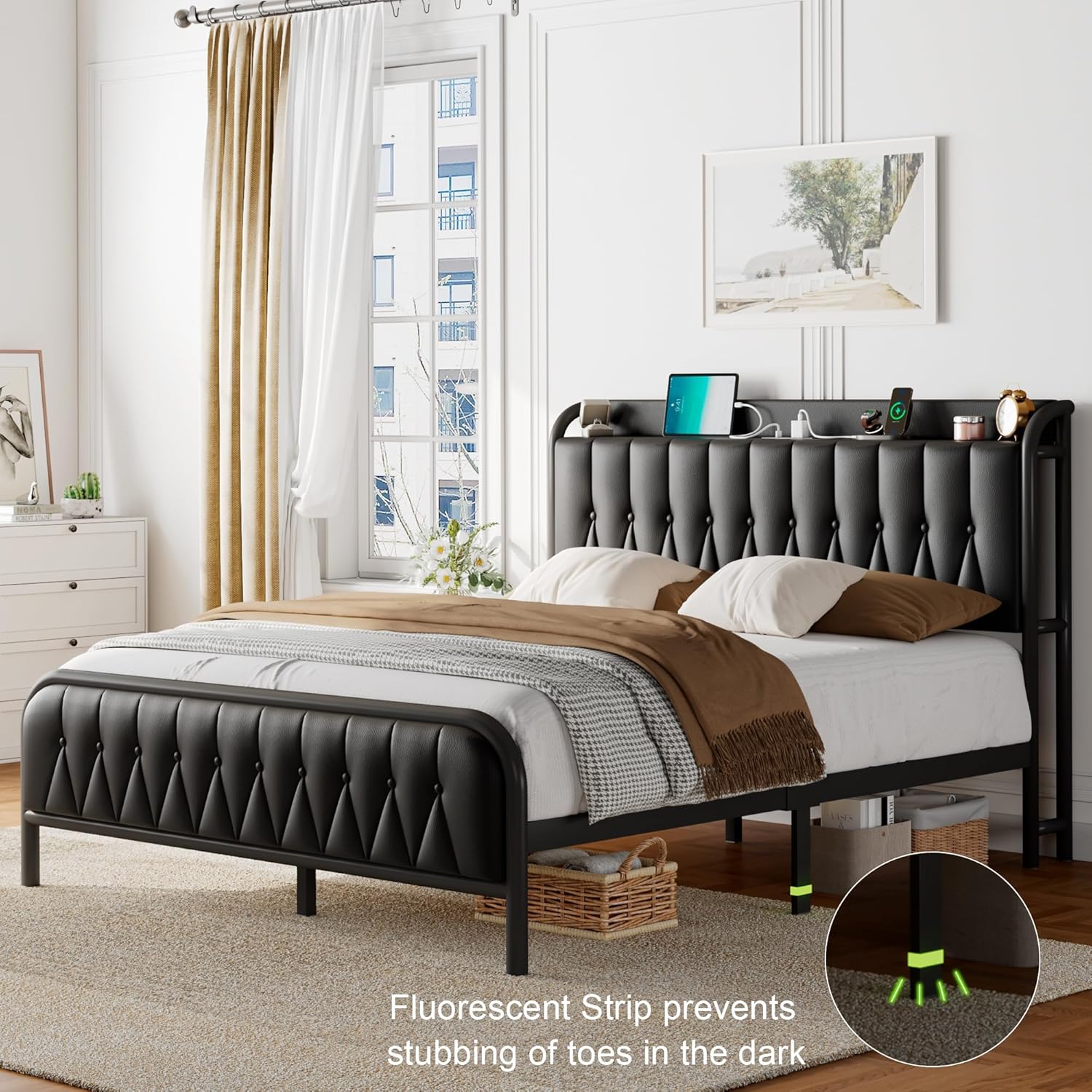 Bed frame leg with fluorescent strip