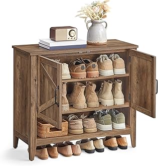 LIRY Collection - Shoe Cabinet, 3-Tier Storage Organizer, Shoe Shelf, Farmhouse Freestanding Cabinet, Height-Adjustable Shelf, 13.8 x 31.5 x 27.6 Inches, Honey Brown ULBC038B01