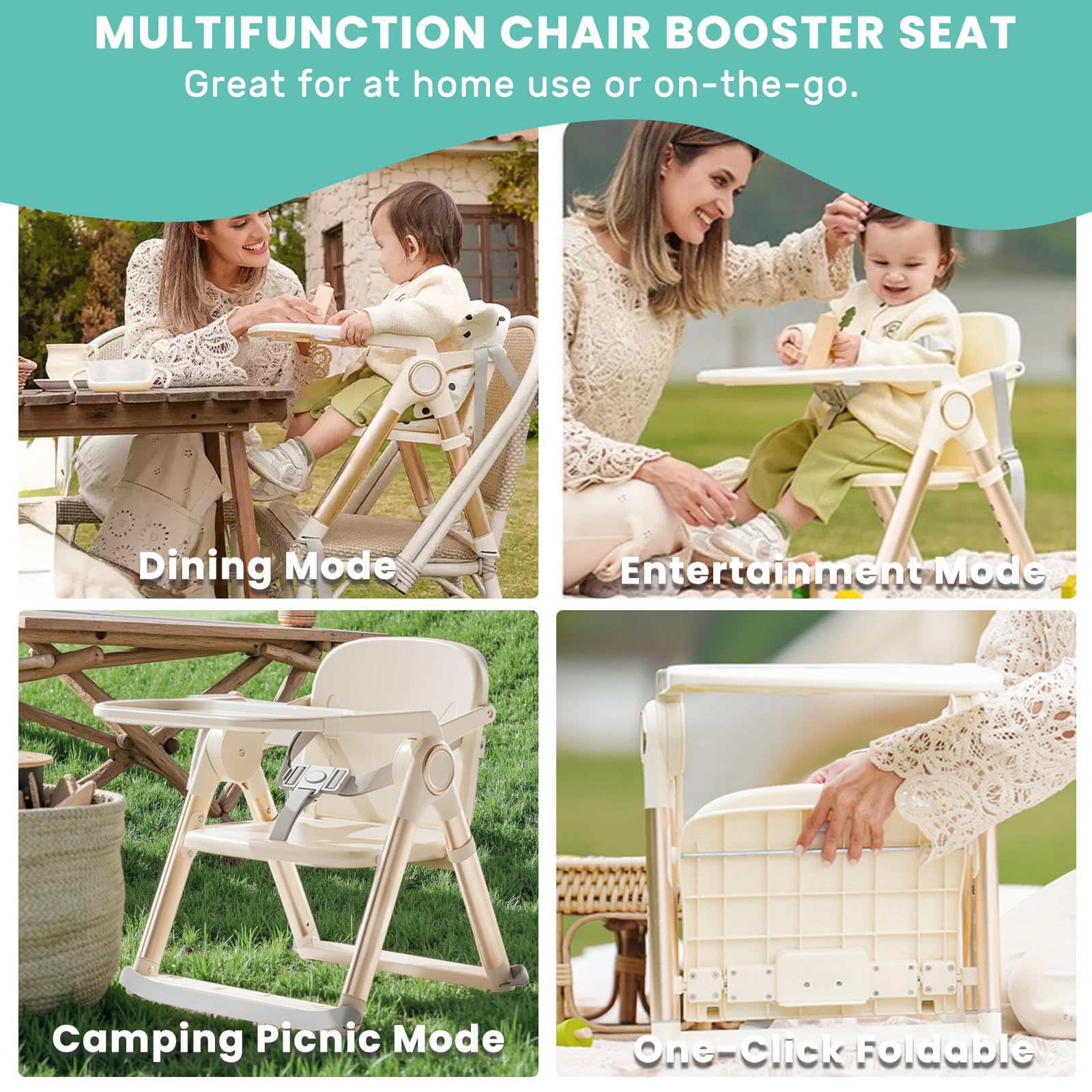 UBRAVOO 3-in-1 Kindersitzerhöhung Esszimmerstuhl, Verstellbarer, Faltbarer Hochstuhl mit Doppelteller, Umbaubarer Hochstuhl für Babys ab 6 Monaten mit Ess- und Spielfunktion (Beige)