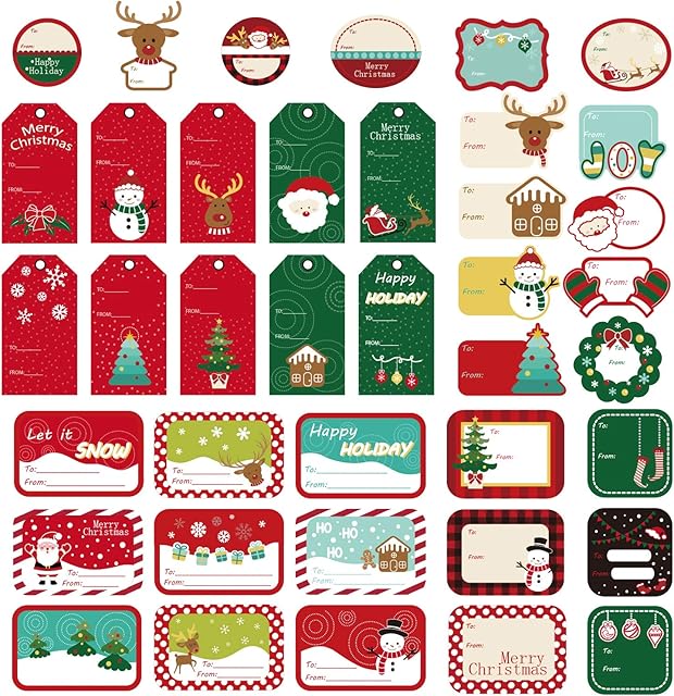 Whaline 146Pcs Christmas Tag Stickers, Self Adhesive Gift Label Stickers Name Tags Sticky Labels, Santa Snowmen Reindeer Christmas Presents Labels for for Xmas Gift Wrapping Decoration