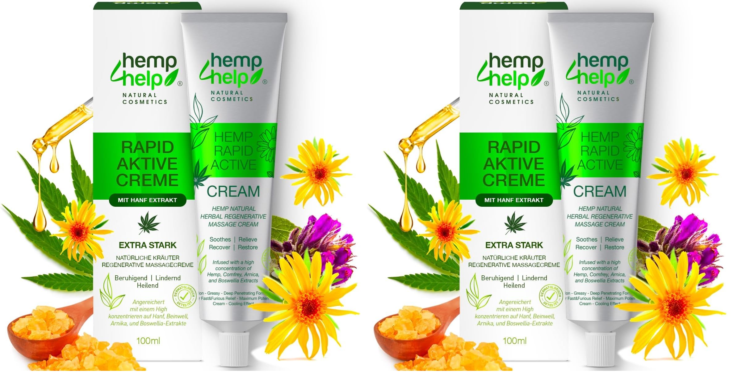 H4H Hochdosierte Rapid Cream Hanf & Arnika Creme 100ml für Gelenke & Muskeln | Pflege mit Menthol & Natur-Extrakten für Rücken, Knie, Nacken & Schultern, Vegan, Dermatologisch getestet (Packung mit 2)