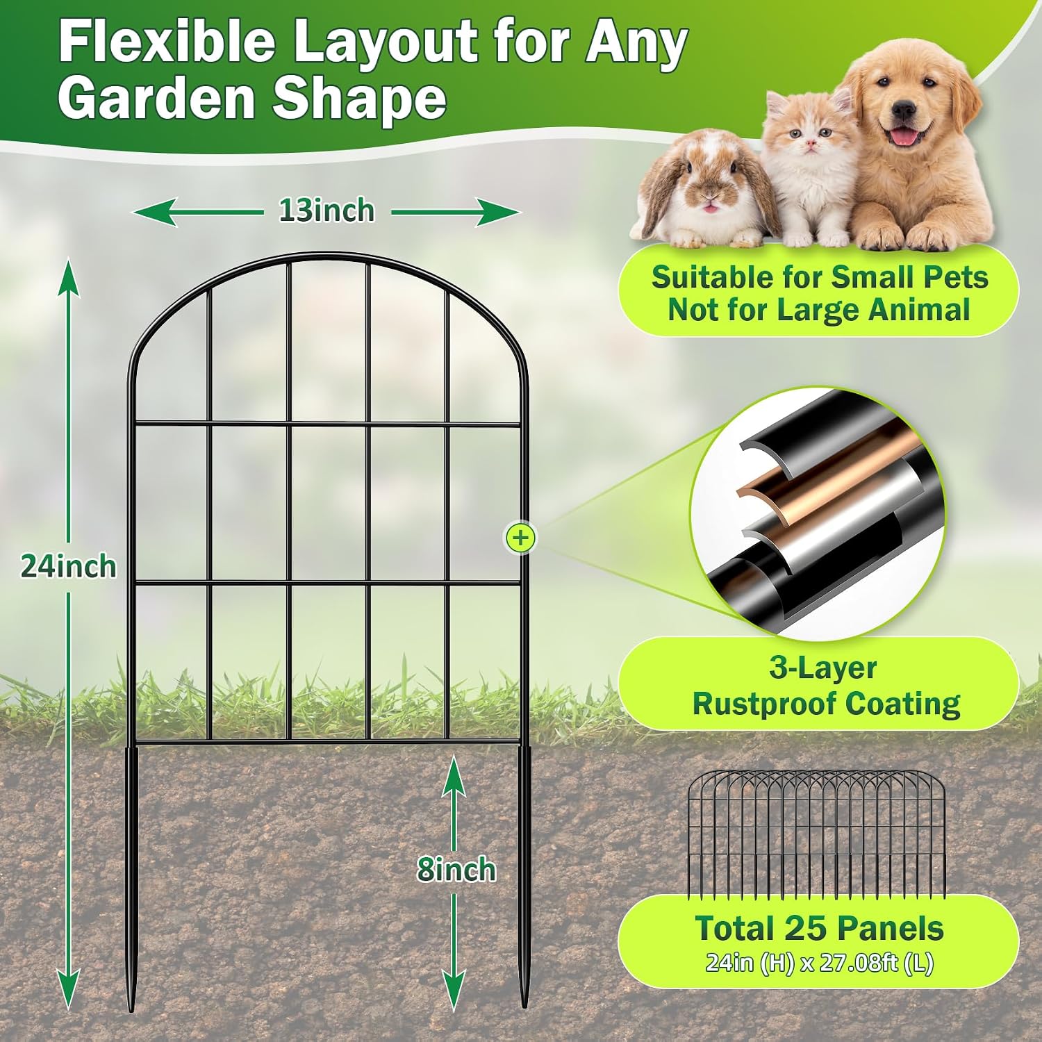 25 Pack Decorative Garden Fence Panels – 27.08ft (L) x 24"(H) Garden Fencing Dog Fence No-Dig Animal Barrier Fence Rustproof Metal Arched Garden Edging for Yard Patio Outdoor Decor Flower Bed image 5
