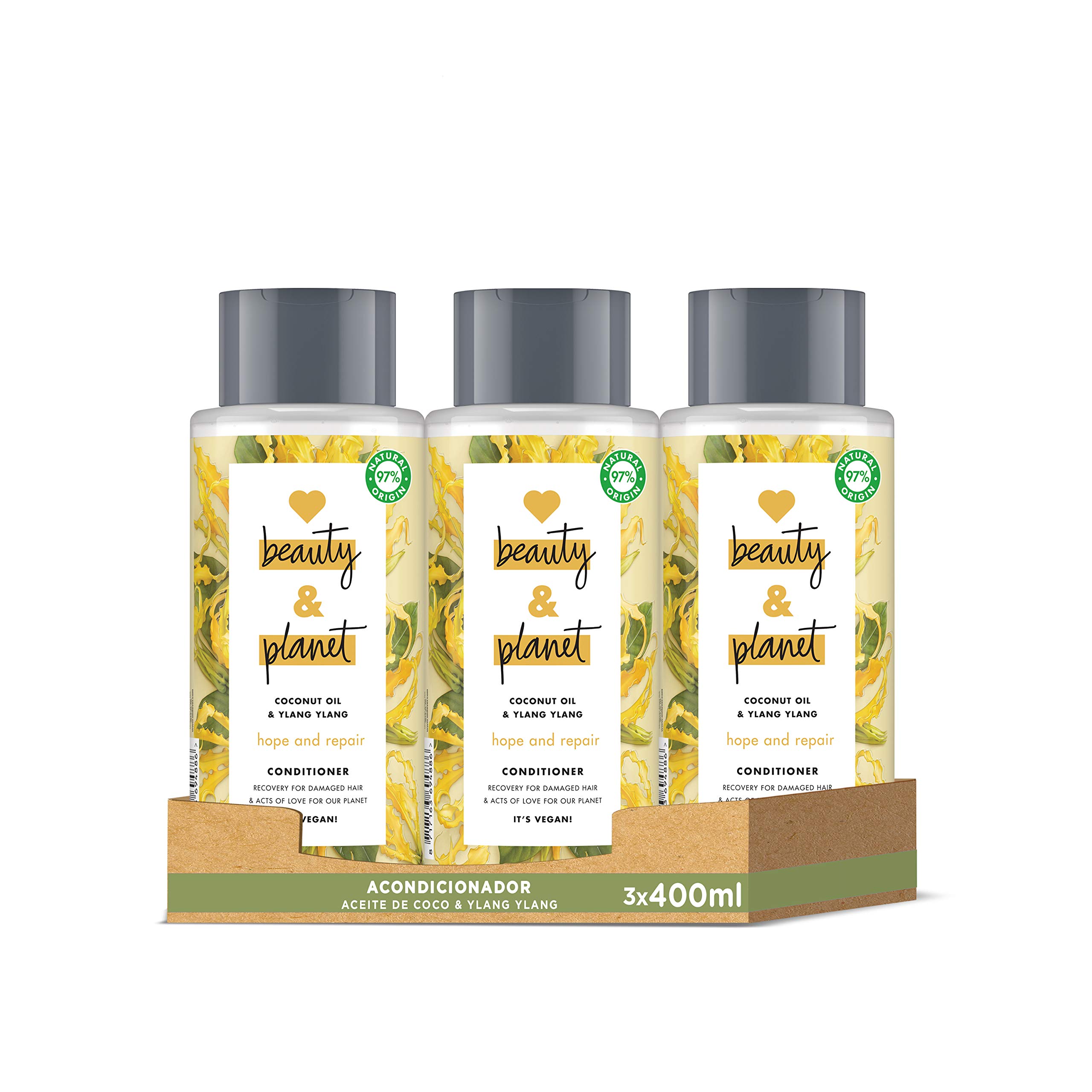 Love Beauty and Planet Acondicionador para Cabello dañado, Aceite de Coco e Ylang Ylang Vegano - Pack de 3 x 400 ml (Total: 1200 ml)