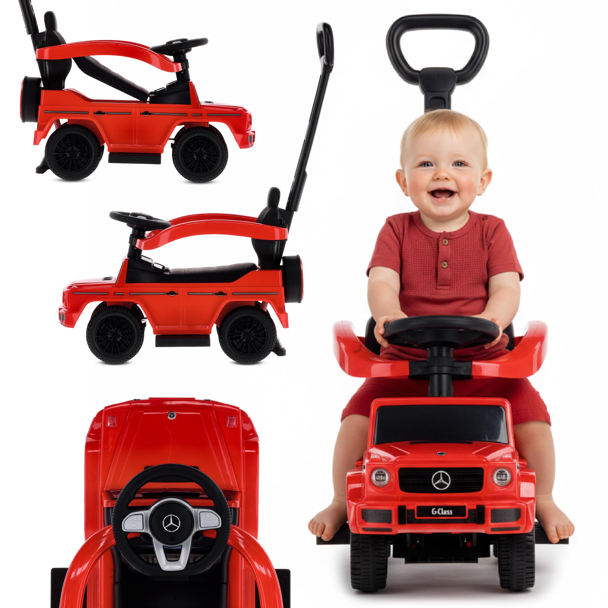 sun baby Coche de Empuje Mercedes Benz G con Licencia, Coche para Niños a Partir de 1 año, Volante con Sonido, Asiento y Ruedas de plástico, Barra de Empuje (Rojo)