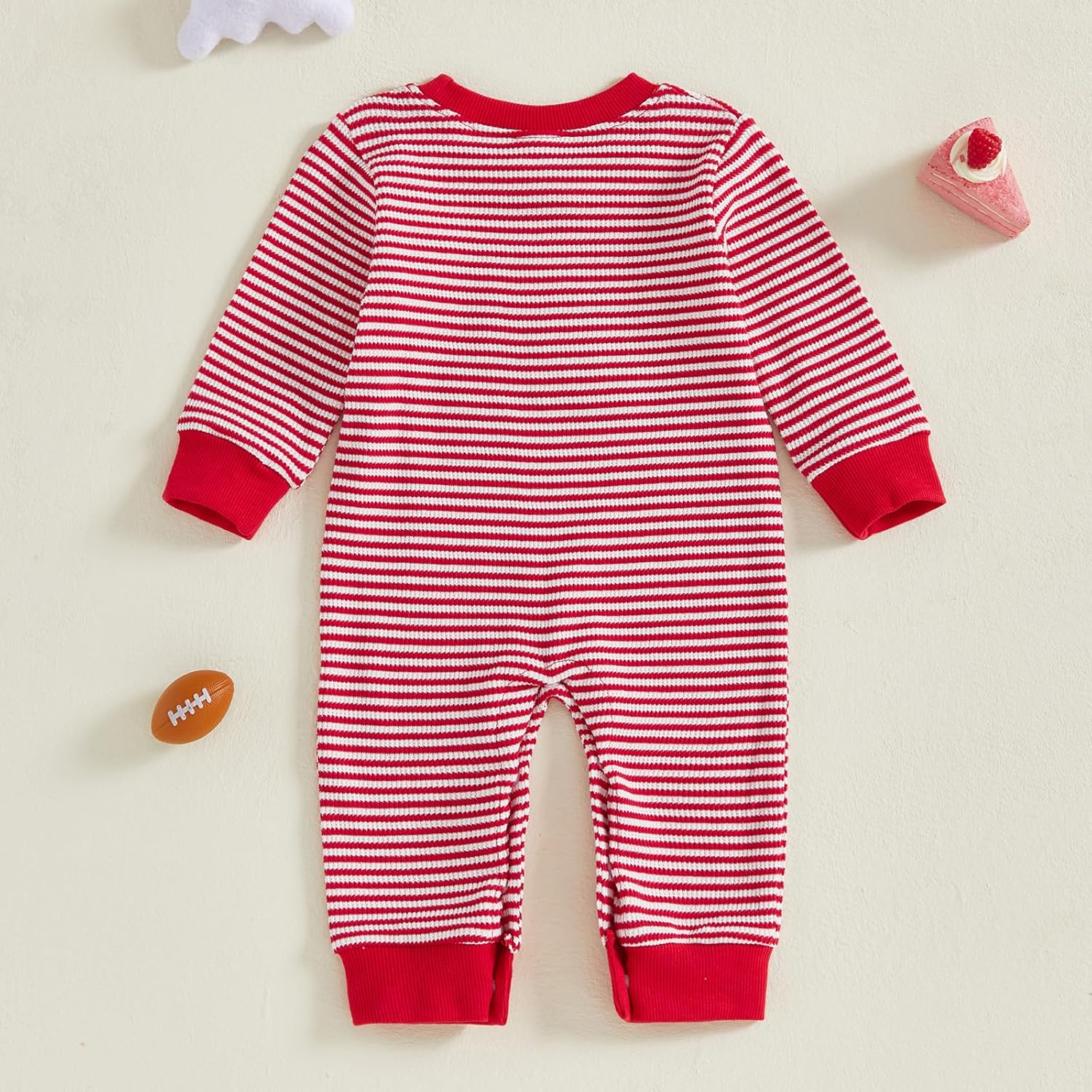 Karuedoo Newborn Baby Boy Girl Football Outfit Rugby Embroidery Stripe Romper Waffle Knit Long Sleeve Jumpsuit Fall Clothes - Image 7