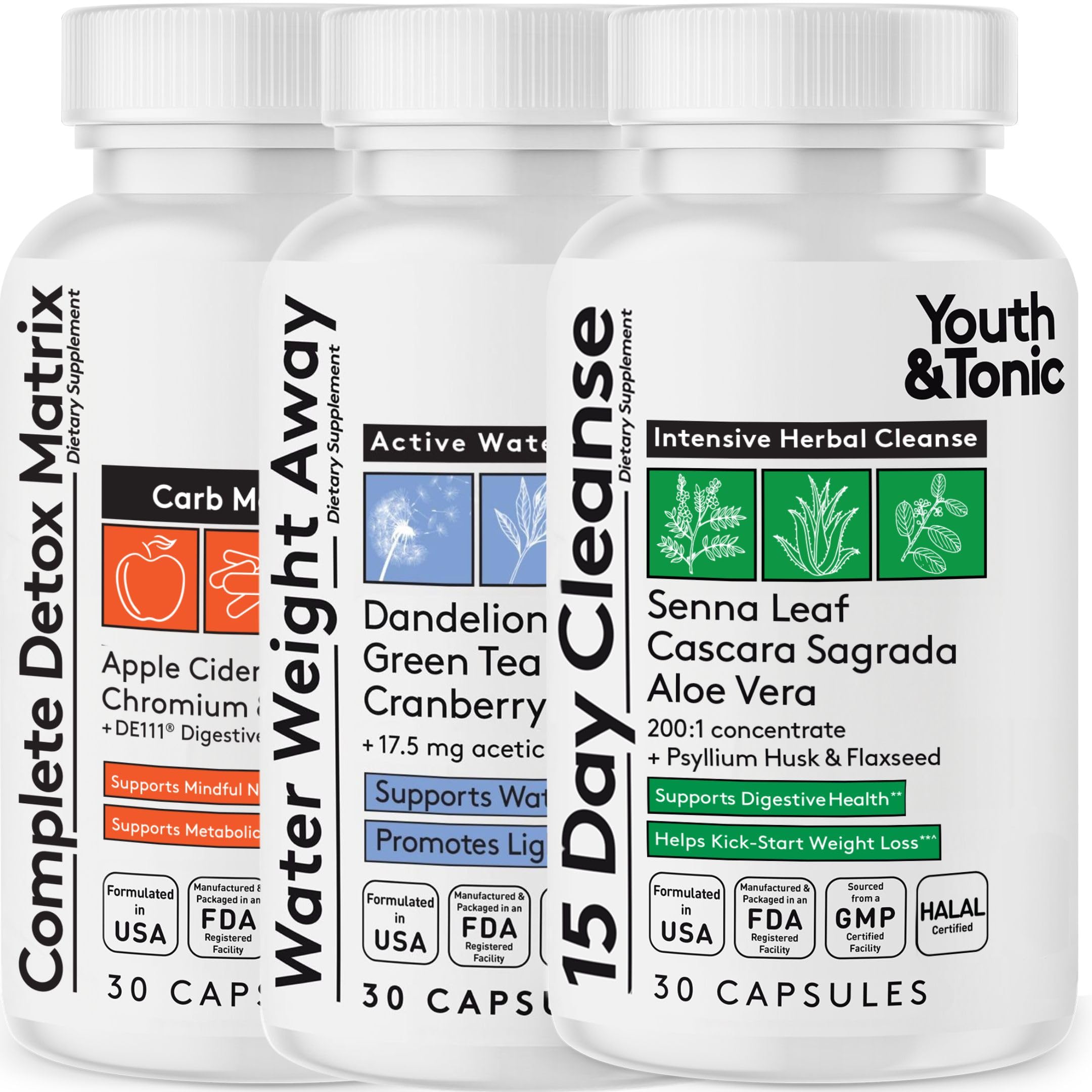 Youth & Tonic 3PK Detox Cleanse Kick Off Weight Management & Bloating Support – 15 Day Colon & Gut Cleanse, Water Weight Away & Detox Matrix Complex – 90 Pills