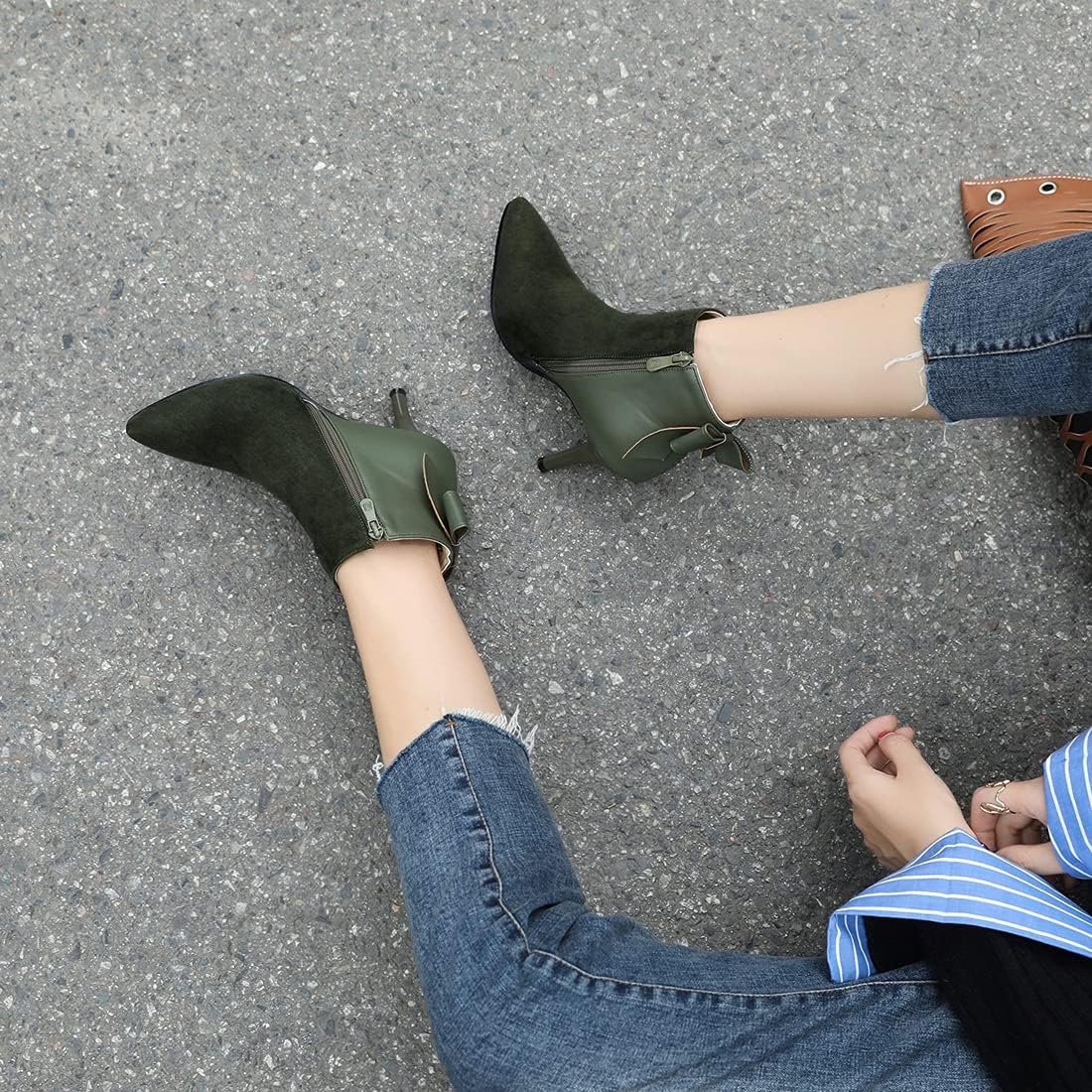 VOKLIN Women's Pointed Toe Dress Ankle Booties Fashion Bowtie Zipper Stilettos High Heel Elegant Short Boots