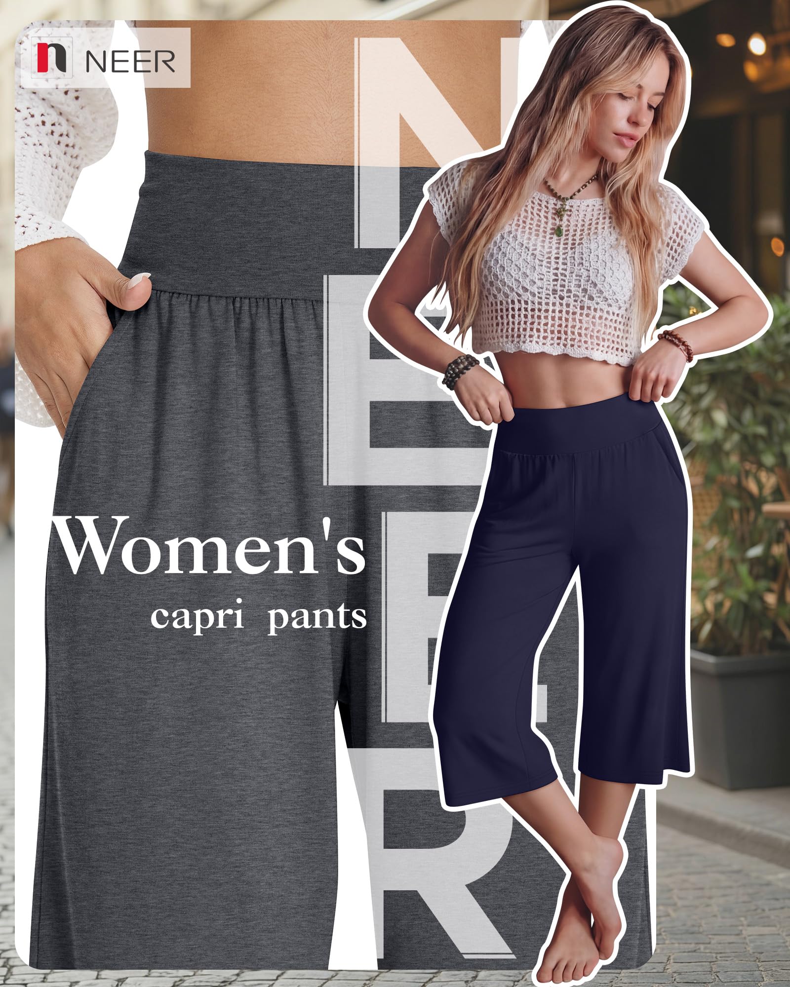 Neer Lot de 3 Pantalons Capri pour Femme - Jambes Larges - Taille Haute - Pantalon Court de Loisirs avec Poche