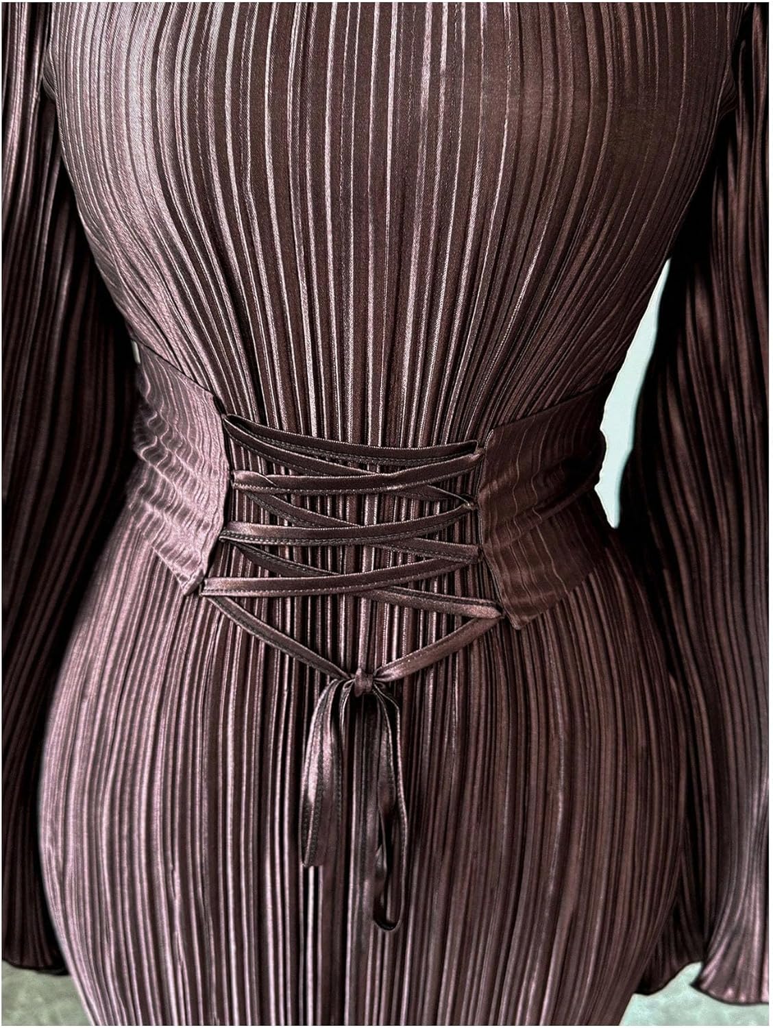 Women's Lace Up Bodycon Dress Elegant Textured Fall Dress Long Bell Sleeve Maxi Party Dresses - Image 4