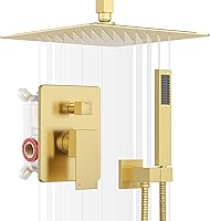 ESNBIA Brushed Gold 12-Inch All-Metal Ceiling Rain Shower System with Handheld Wand & Pressure Balance Valve