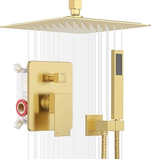 ESNBIA Brushed Gold 12-Inch All-Metal Ceiling Rain Shower System with Handheld Wand & Pressure Balance Valve