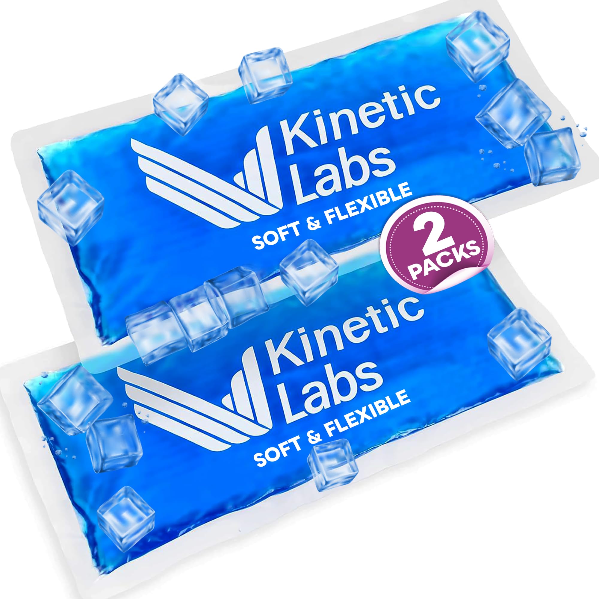 Soft Ice Packs for Injuries Reusable (2 Pack) 9.5" x 4.5" – Hot Cold Gel Ice Packs by Kinetic Labs – Flexible Ice Packs for Knee, Shoulder, Back (Regular)