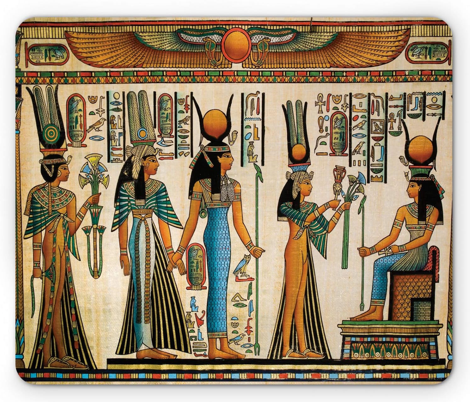 Lunarable Egyptian Print Mouse Pad, Egyptian Papyrus Depicting Queen Nefertari Making an Offering to Isis Image, Rectangle Non-Slip Rubber Mousepad, Standard Size, Multicolor