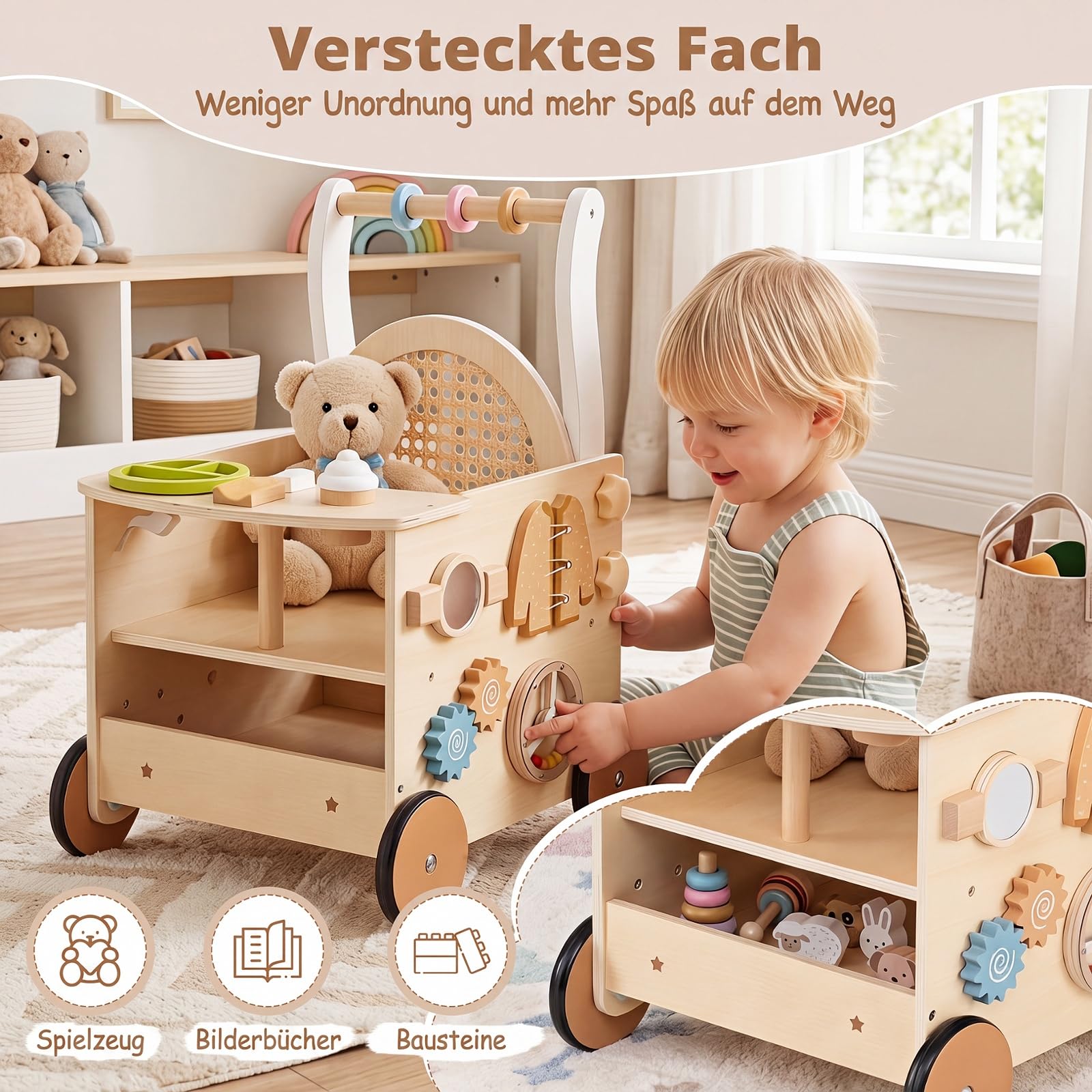 COSTWAY Montessori Baby wózek do nauki chodzenia z drewna, wielofunkcyjny | Baby Walker z wielofunkcyjnym centrum aktywności, zabawka do biegania z kółkami i schowkiem, dla chłopców i dziewczynek od 1