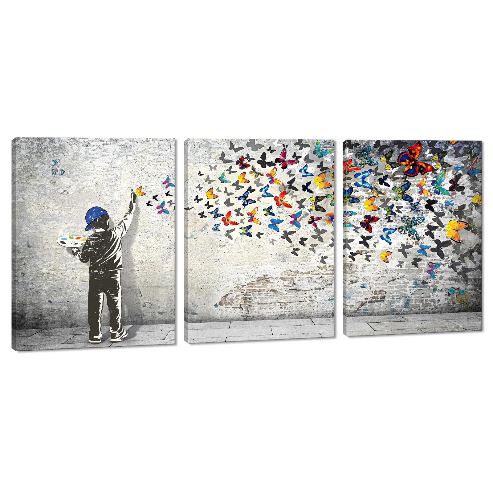 Graffiti Canvas Wall Art 3 Panels Banksy Pictures Wall Decor Boy and Butterfly Posters Prints Graffiti Artwork Living Room Home Office Decor Framed